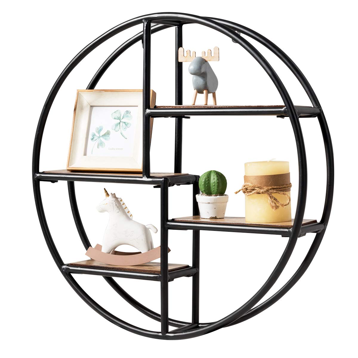 Tangkula 4-Tier Round Wall Shelf - Wood & Iron Wall-Mounted Circular Floating Shelves for Home, Office, Bedroom Decor - Black - Perfect for Displaying Books, Plants, and Decorative Items