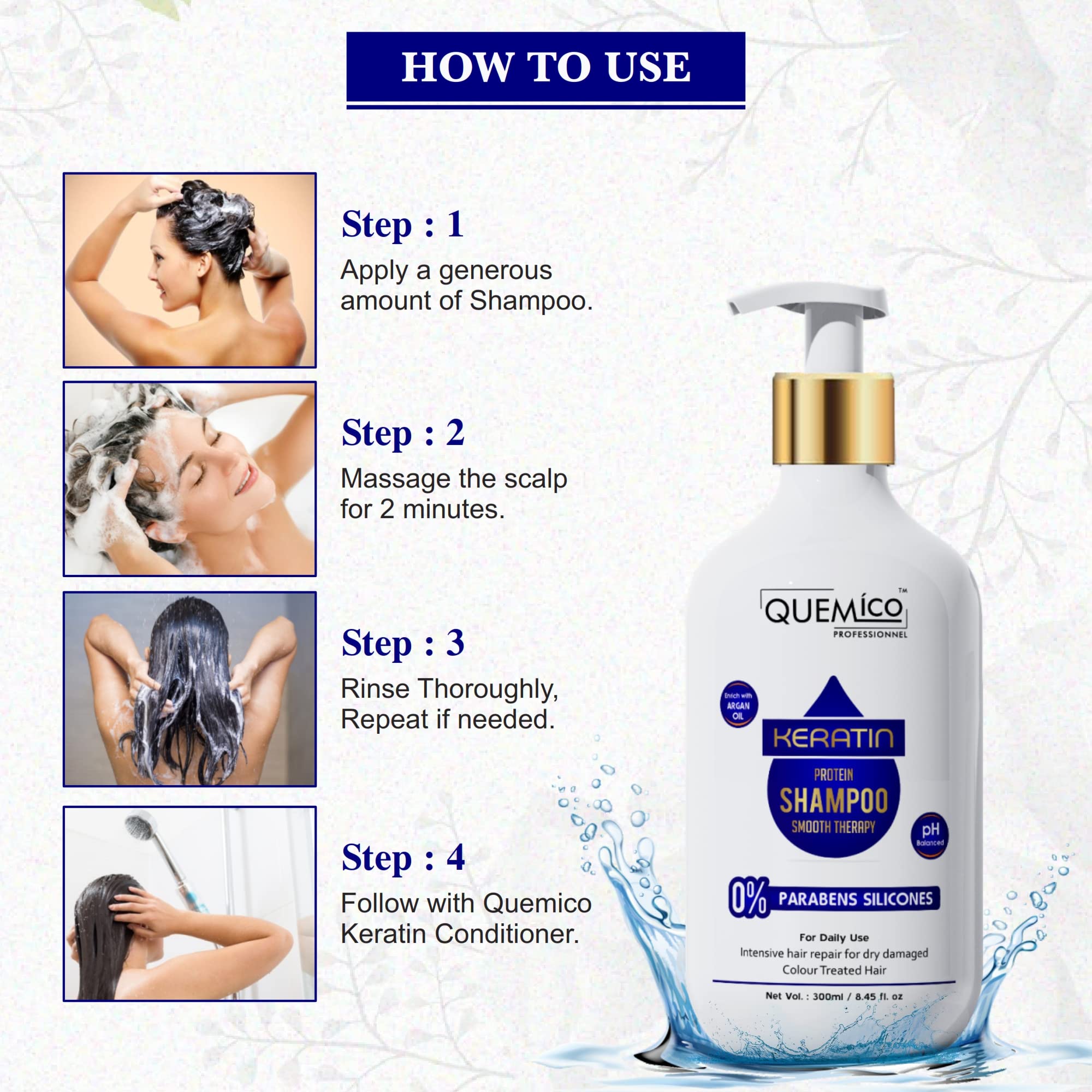 Quemico Professional Sulfate-Free Keratin Shampoo & Conditioner Set (300ml + 150ml) - Keratin Protein Smoothing Hair Care - No Sulfates, Parabens or Silicones - For Damaged, Frizzy & Color-Treated Hair - Salon Quality at Home