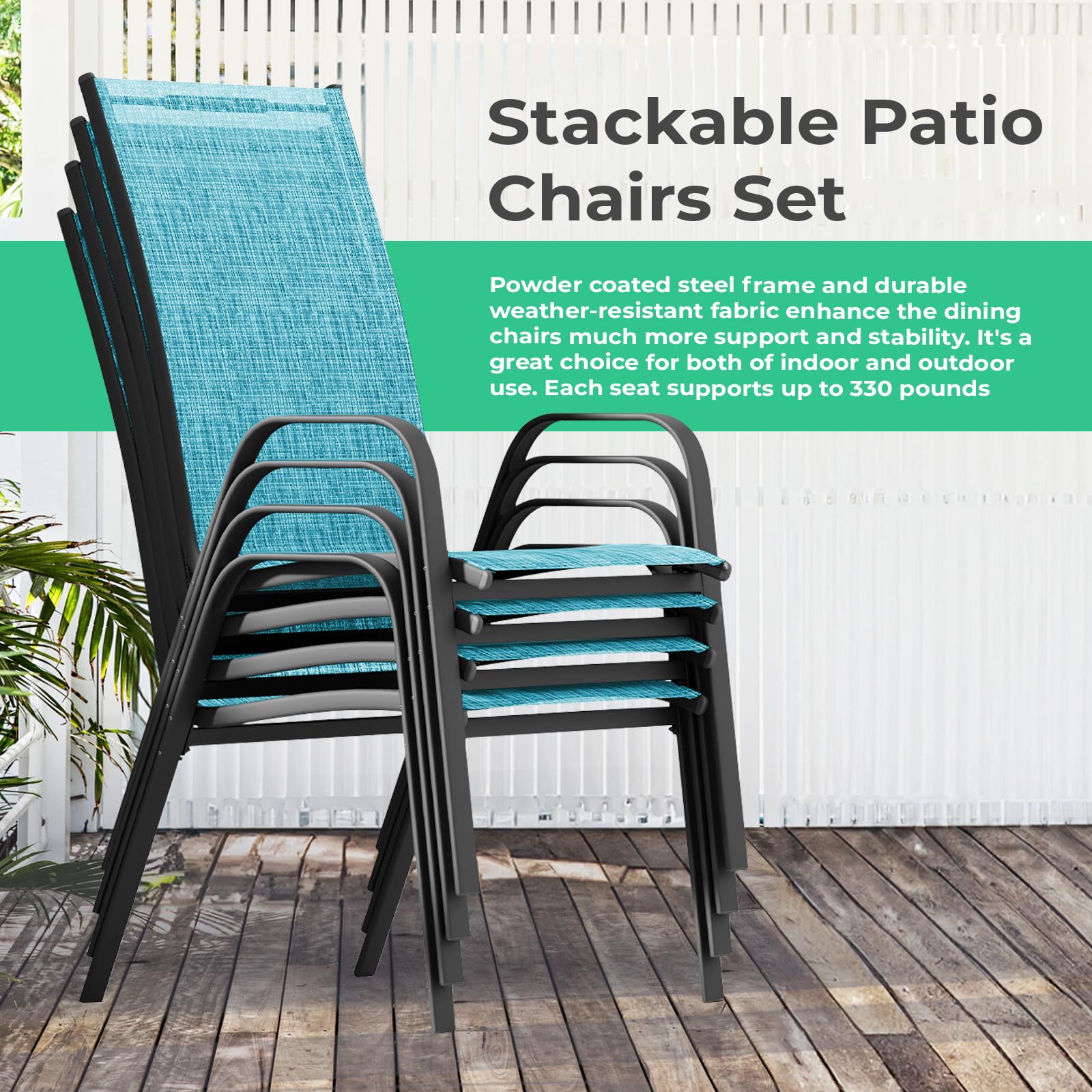 JEAREY 4-Piece Patio Dining Chairs Set - Outdoor Stackable All-Weather Furniture for Backyard, Garden, Poolside - Teal Blue - Perfect for Outdoor Entertaining & Relaxation