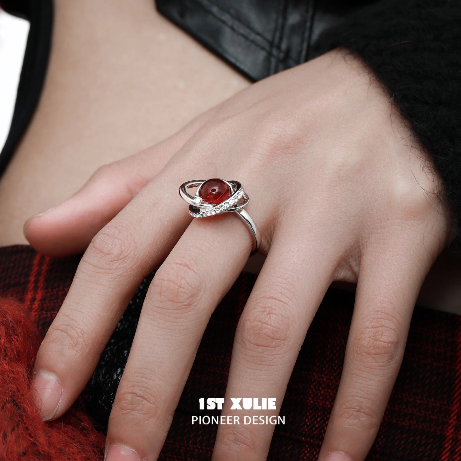 Red Nebula S925 Sterling Silver Stud Open End Ring™ - Dainty Boho Jewelry for Women, Trendy Minimalist Stackable Rings for Everyday Wear, Perfect Gift for Her
