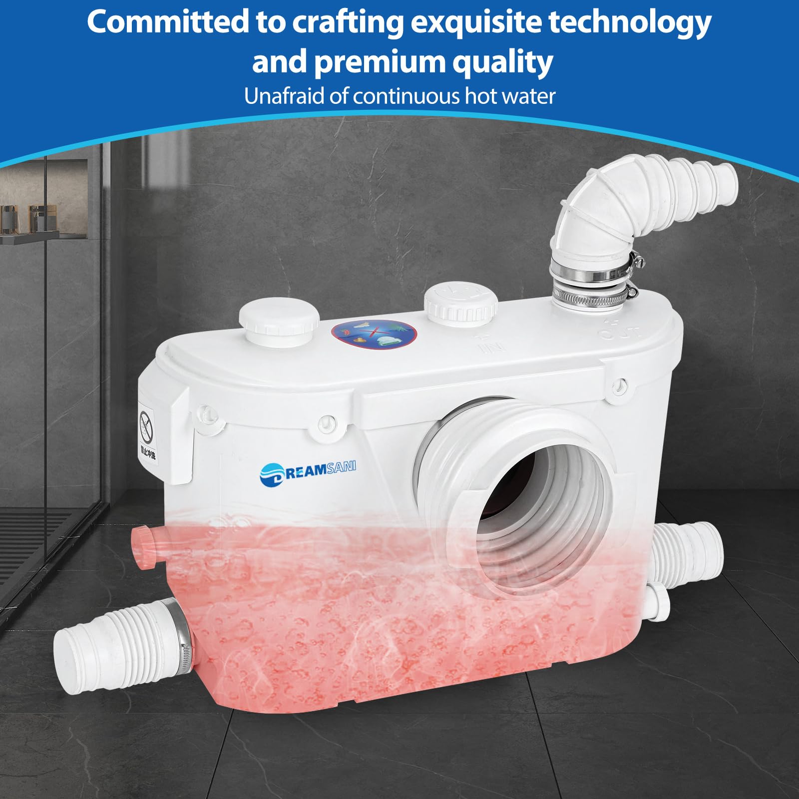 500W Macerator Pump for Toilet & Sink - 4 Inlet Sewage Water Pump for Bathroom, Kitchen & Domestic Waste Drainage - Ideal for RV, Boat & Tiny House Plumbing Systems