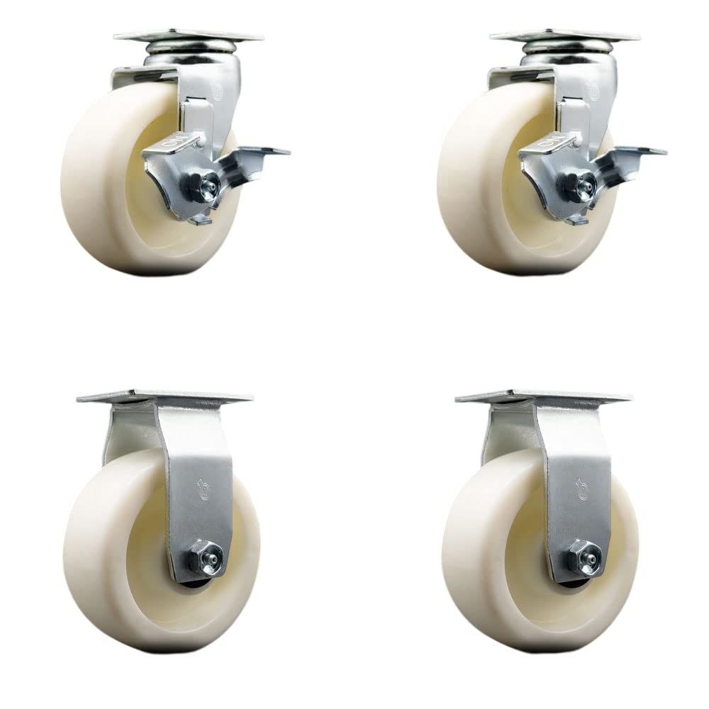 5 Inch White Nylon Wheel Swivel & Rigid Plate Caster Set with Ball Bearing - 1800 lbs Capacity (2 Locking Swivel + 2 Rigid Casters) by Service Caster - Perfect for Industrial Carts, Workbenches & Heavy-Duty Equipment