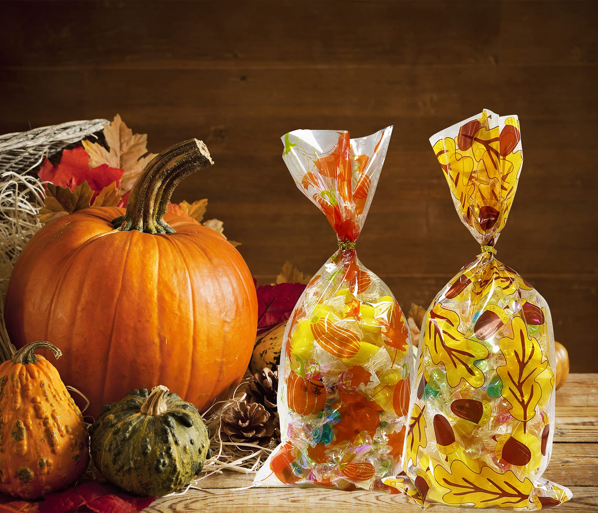 160 Pcs Autumn Cellophane Treat Bags with Gold Twist Ties - Fall Party Favor Bags for Halloween, Thanksgiving, Candy, Snacks & Goodies - Perfect for Seasonal Celebrations, Classroom Treats & Holiday Gift Packaging