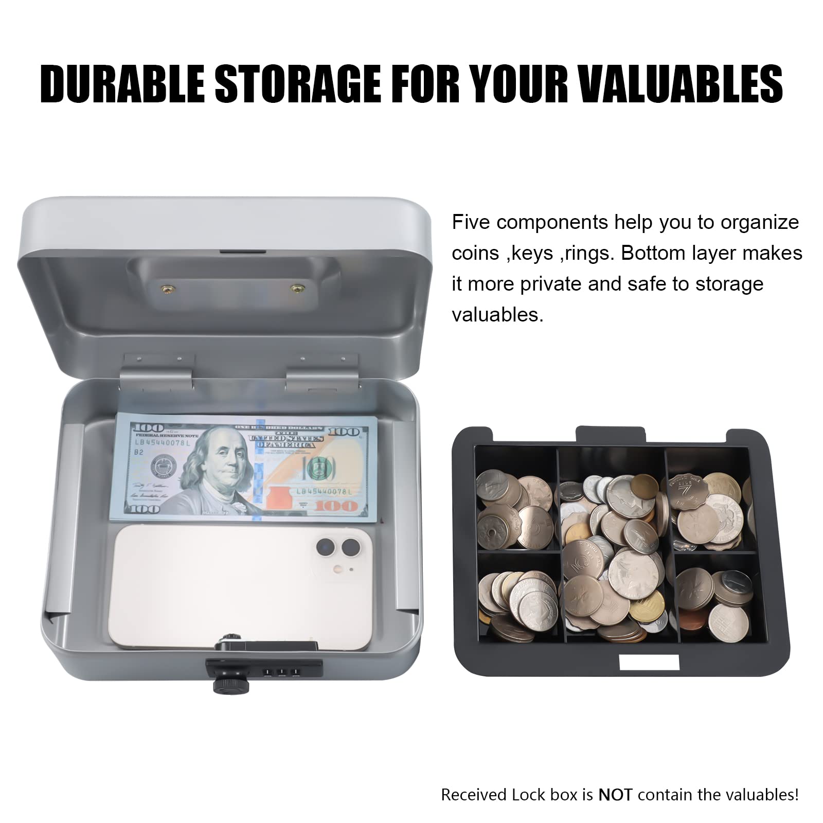 KYODOLED Medium Cash Box with Combination Lock - 7.87x6.30x3.54 Inch Metal Money Safe with Tray, Light Grey | Secure Storage for Home, Office, Retail & Events
