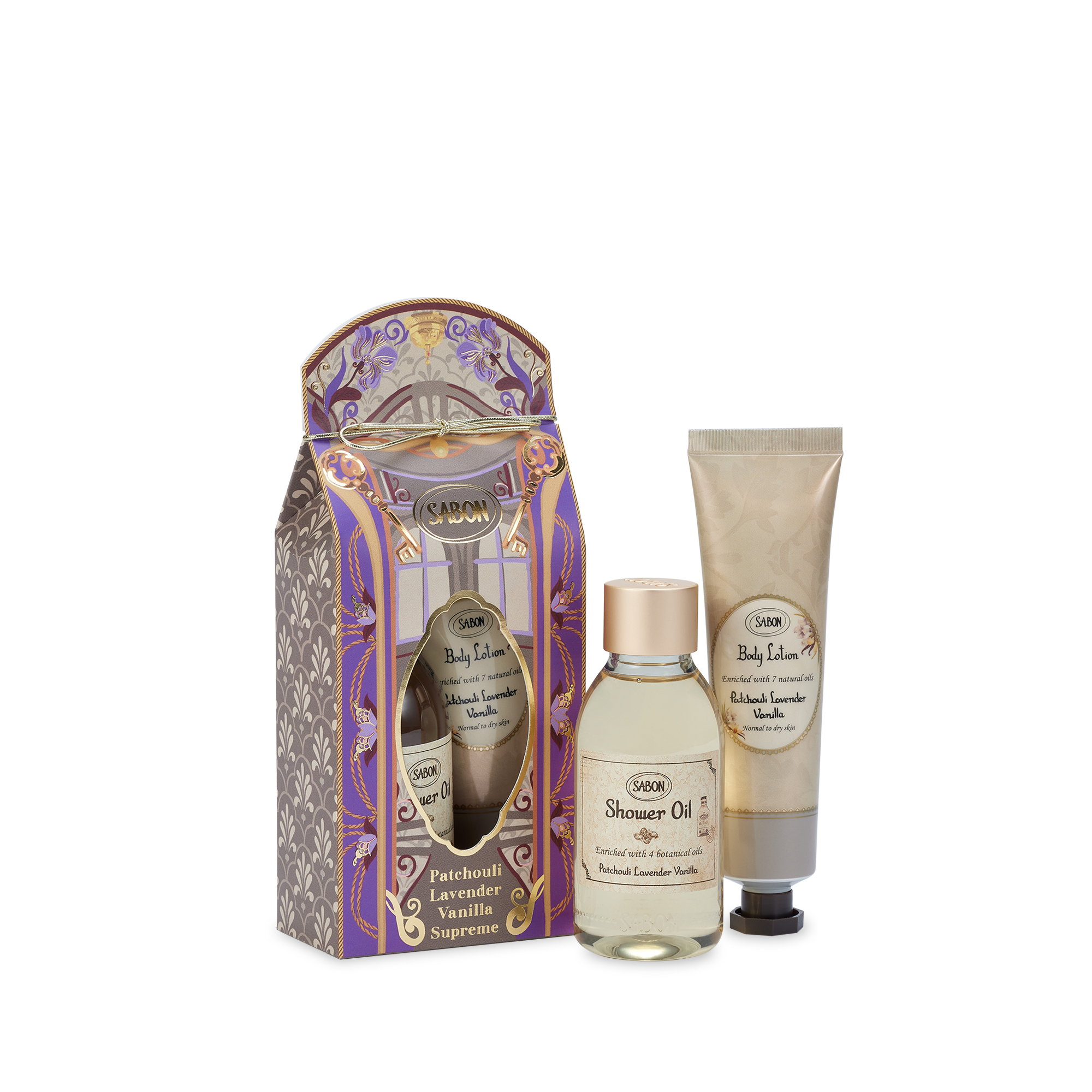 Patchouli Lavender Vanilla Shower Oil & Body Lotion Mini Kit by Lily Palace - Perfect for Spa Day, Relaxation & Gift Sets