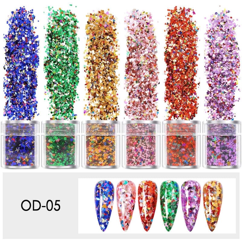 6-Piece Mixed Color & Shape Nail Art Glitter Set - Shimmering Jars for DIY Manicures, Acrylic Nails & Party Makeup