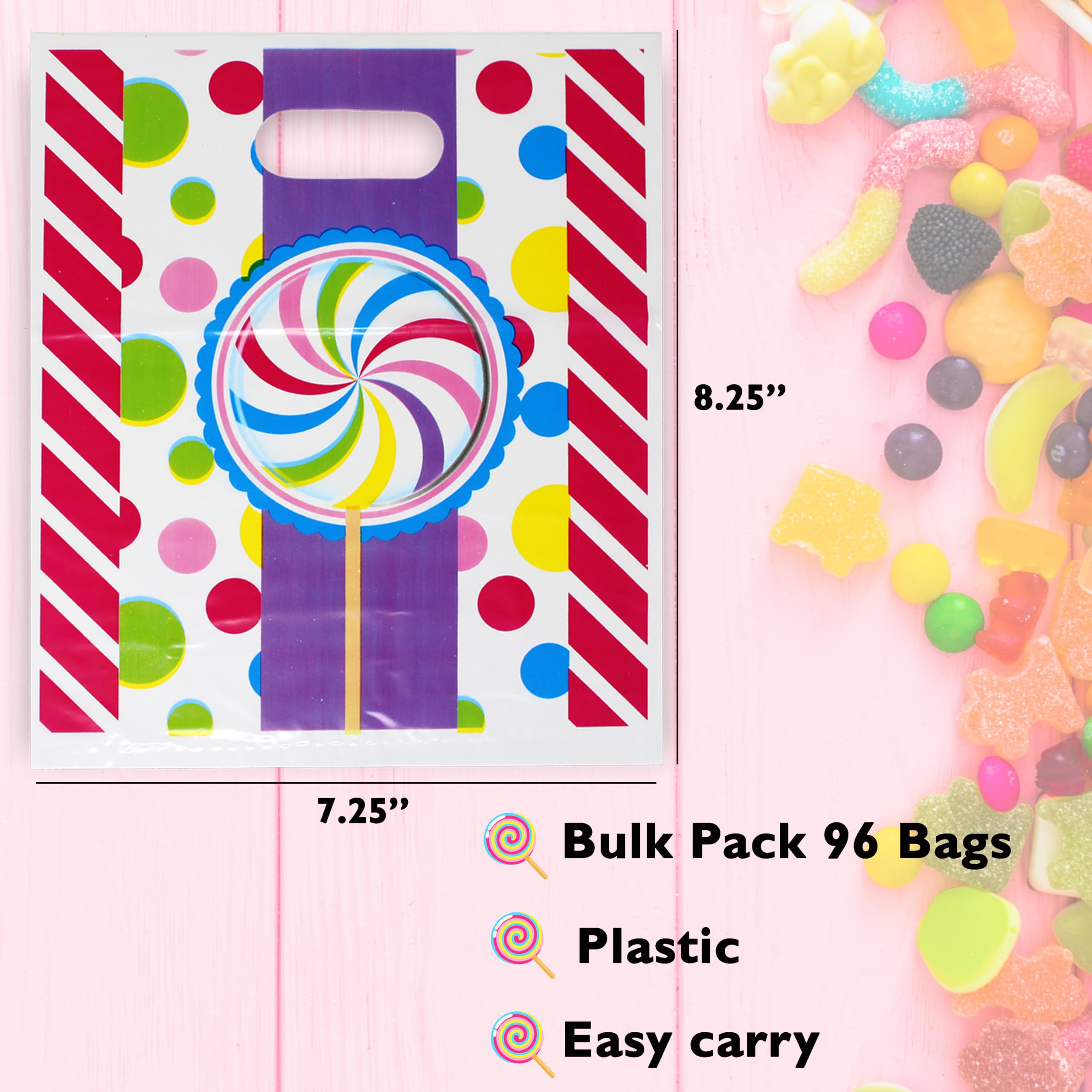 Candyland Party Favor Bags for Kids Bulk - 96 Pack Cute Plastic Goodie Bags with Handles for Birthday Party Supplies | Perfect for Candy Shoppe Parties, Kids Birthday Favors & Halloween Treat Bags