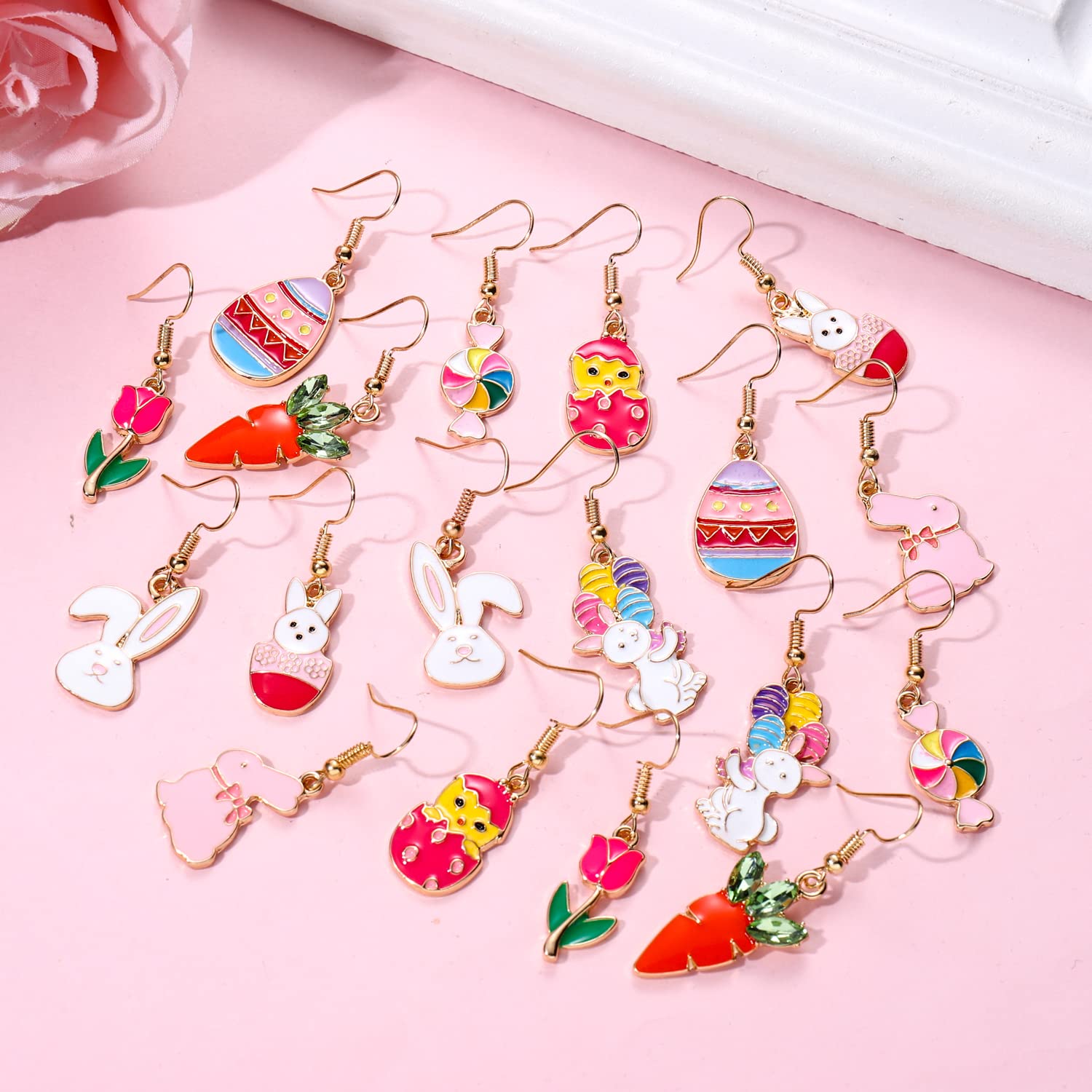 12 Pairs Easter Bunny Drop Earrings for Women - Colorful Enamel Rabbit Dangle Earrings with Egg Designs - Cute Easter Jewelry Gift Set for Party, Easter Egg Hunt & Spring Festival Accessories