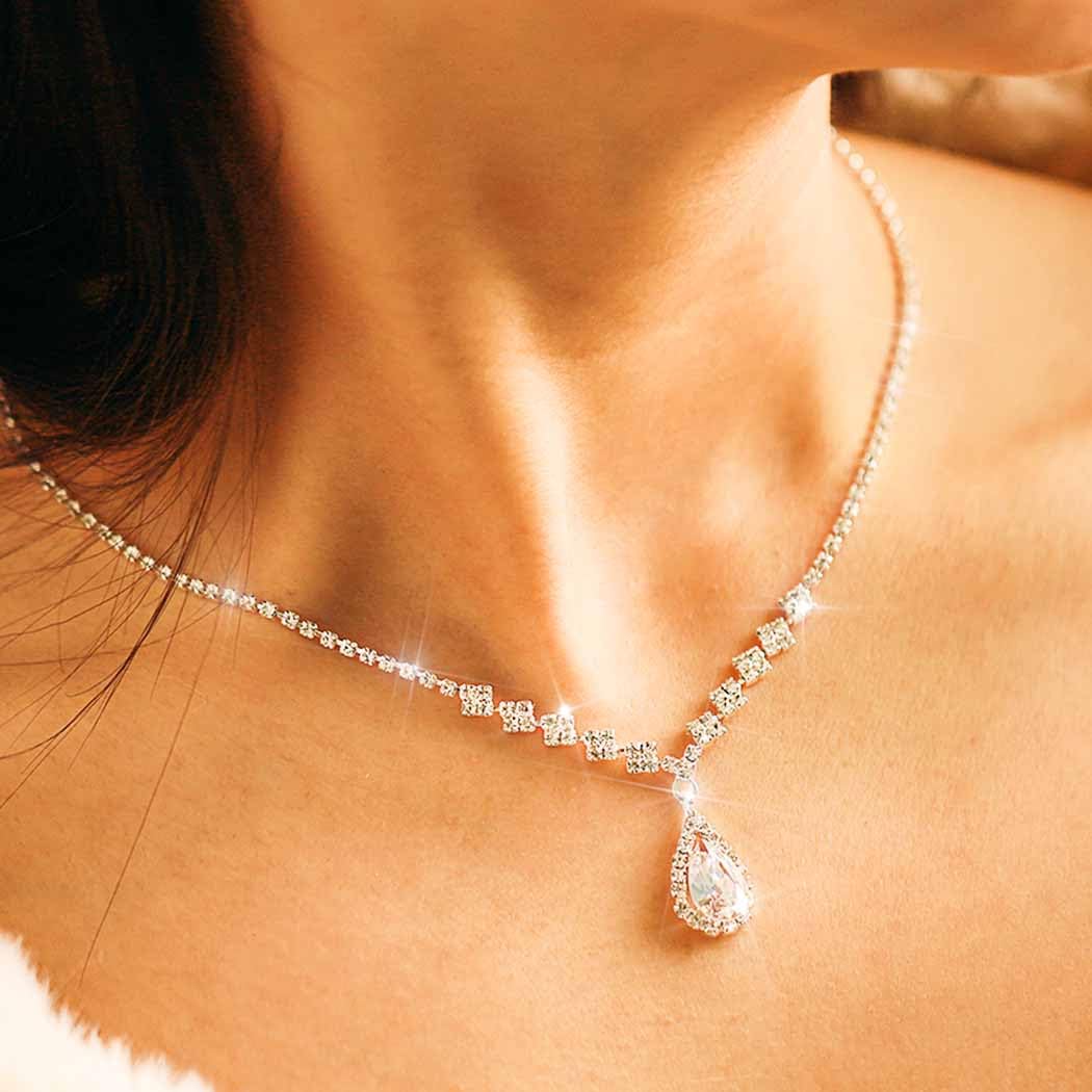 Yean Bride Sterling Silver Bridal Necklace & Earrings Set - Crystal Wedding Jewelry with Rhinestone Choker for Women & Girls (3-Piece Set) - Perfect for Weddings, Prom, Anniversary & Special Occasions