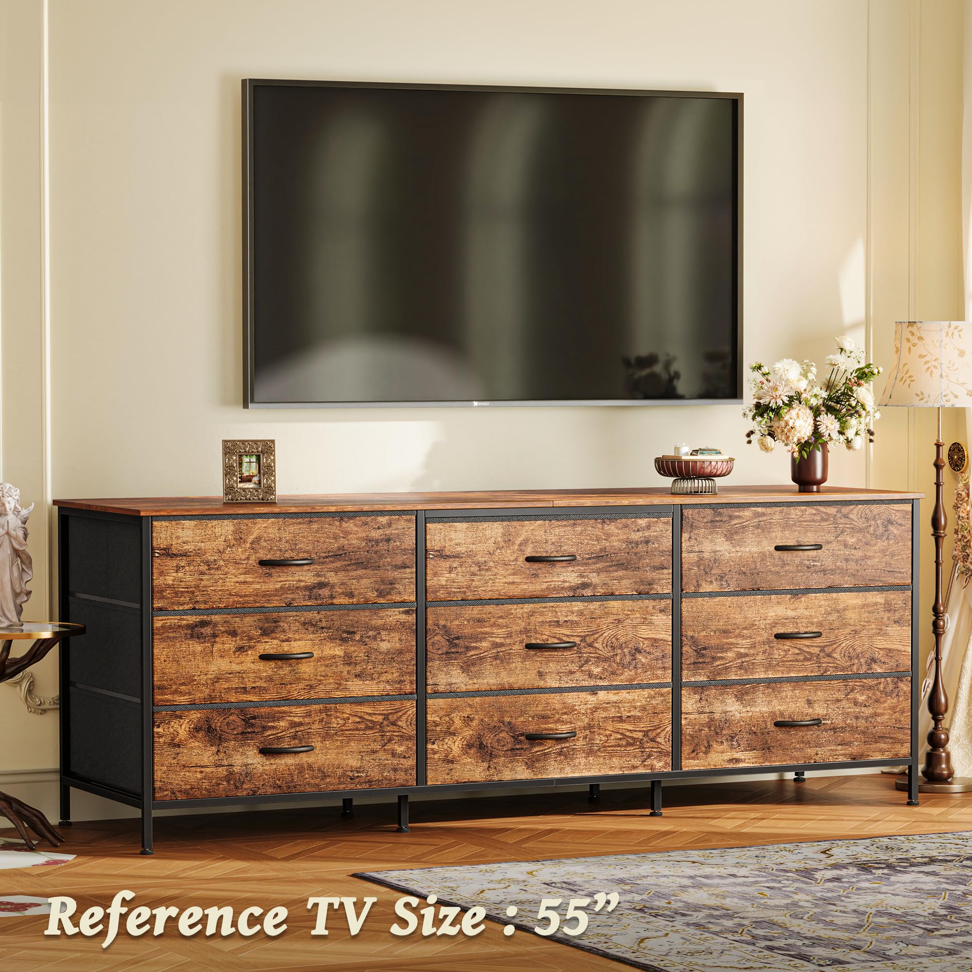 Huuger 63 Inch Rustic Brown Dresser - 9-Drawer Storage Chest for Bedroom & Closet Organization, Large TV Stand Entertainment Center Fits 55/65/70 Inch TVs - Perfect for Master Bedroom, Living Room & Home Office Storage Solutions