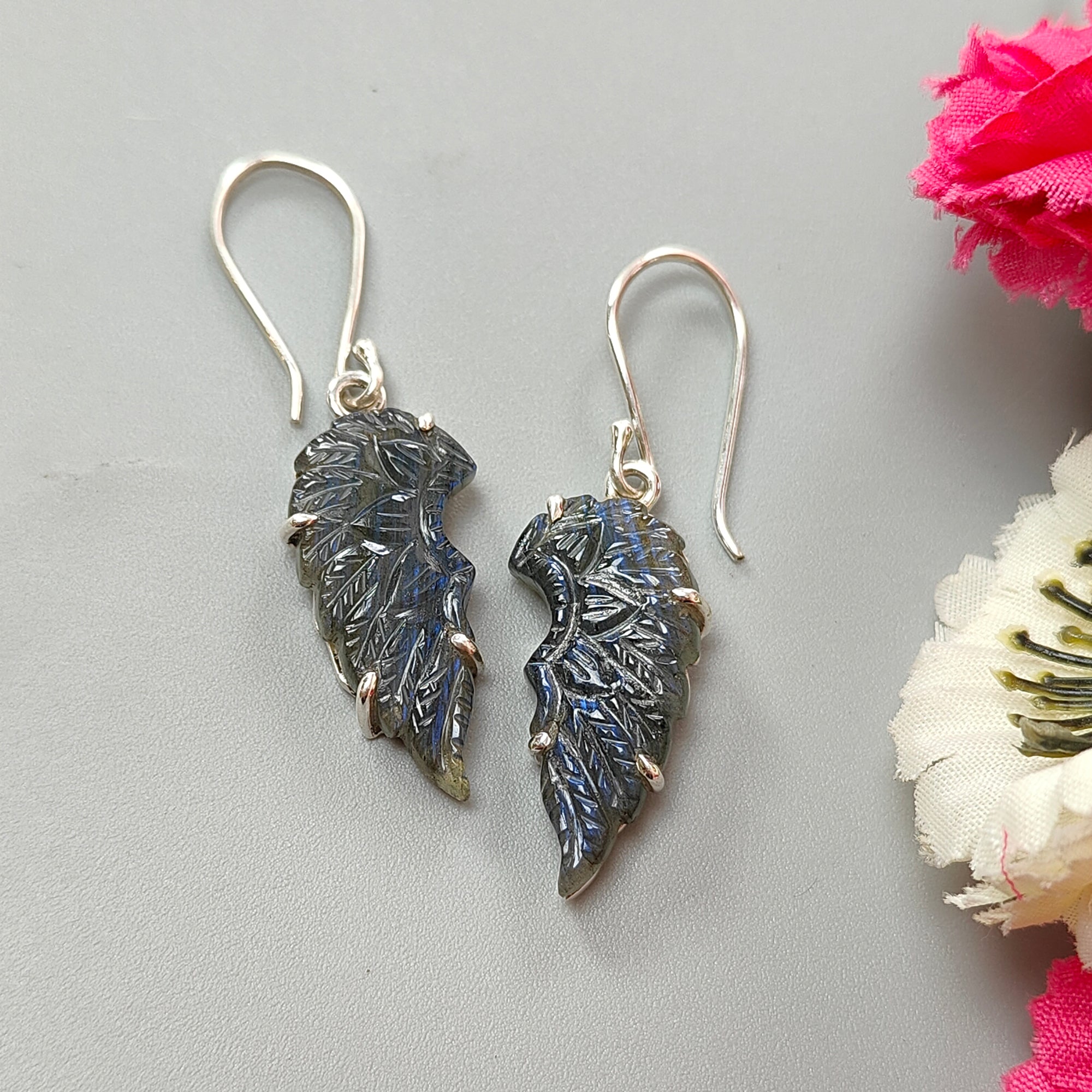 Blue Labradorite Silver Earrings - 36.35cts Natural Untreated Labradorite Angel Wings Drop Dangle Hook Earrings | Handcrafted Sterling Silver Jewelry for Women | Perfect for Weddings, Parties & Special Occasions