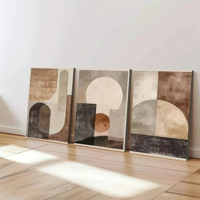 3-Piece Abstract Beige Brown Geometric Wall Art Set - Framed Canvas Prints 40x60cm | High Quality Australian Made | Ready to Hang | Perfect for Living Room, Bedroom & Office Decor