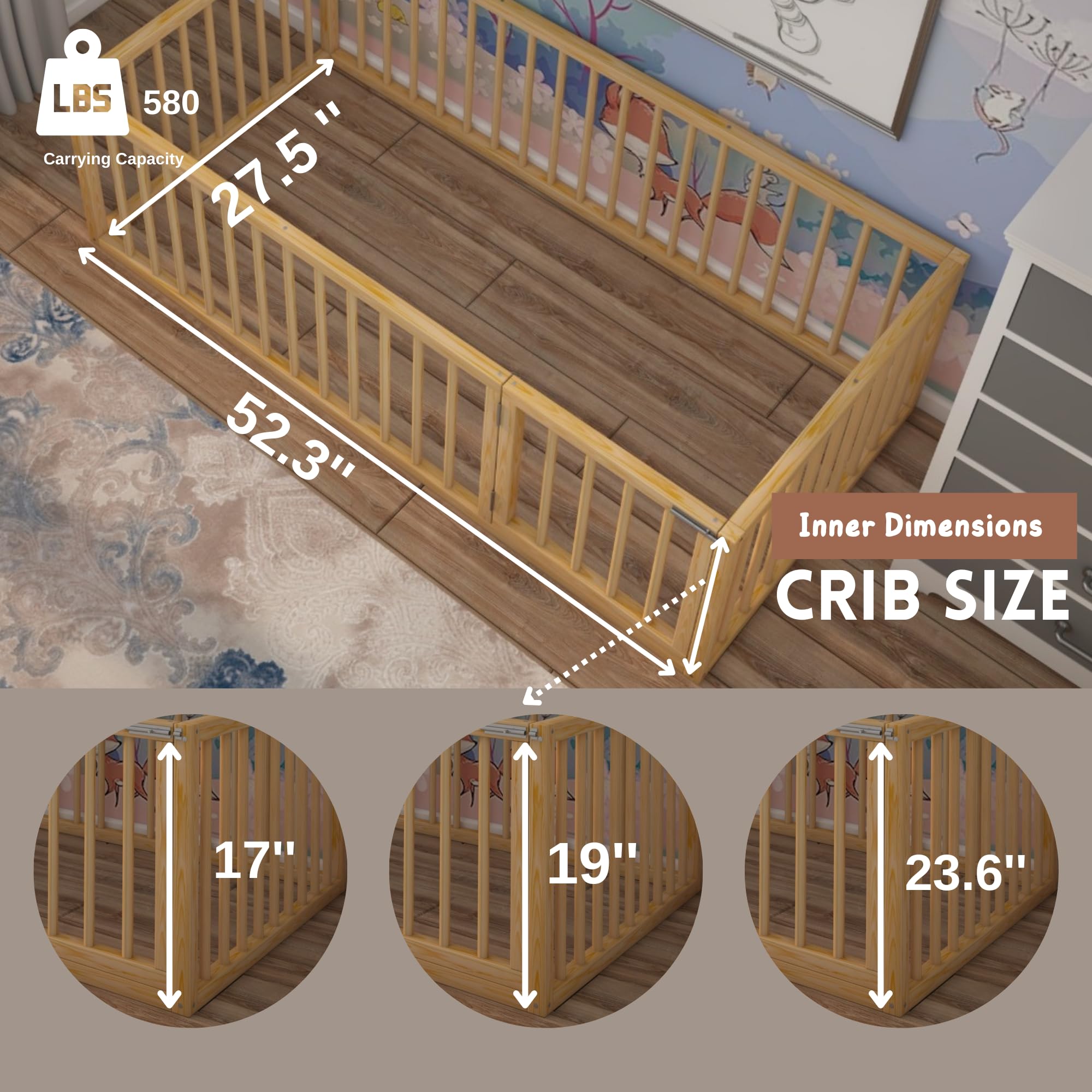 Montessori Floor Bed for Toddlers - Solid Pine Wood Frame with Right Side Door - Sturdy Modern Design for Boys & Girls (19