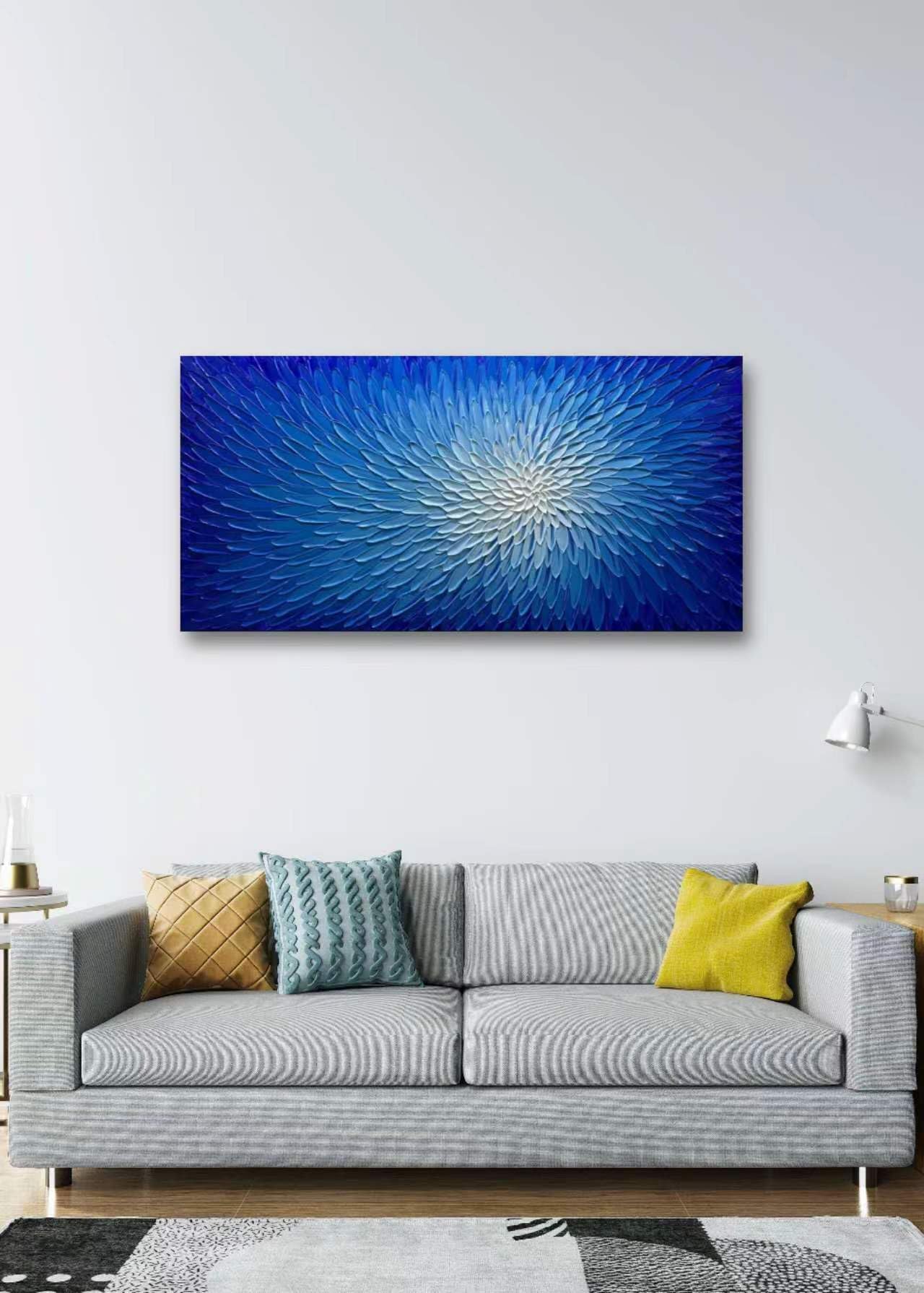 24x48 Inch Hand Painted Modern Blue White Flower Oil Painting - Wood Framed Abstract Wall Art Decor - Textured Acrylic Canvas for Living Room, Bedroom & Office