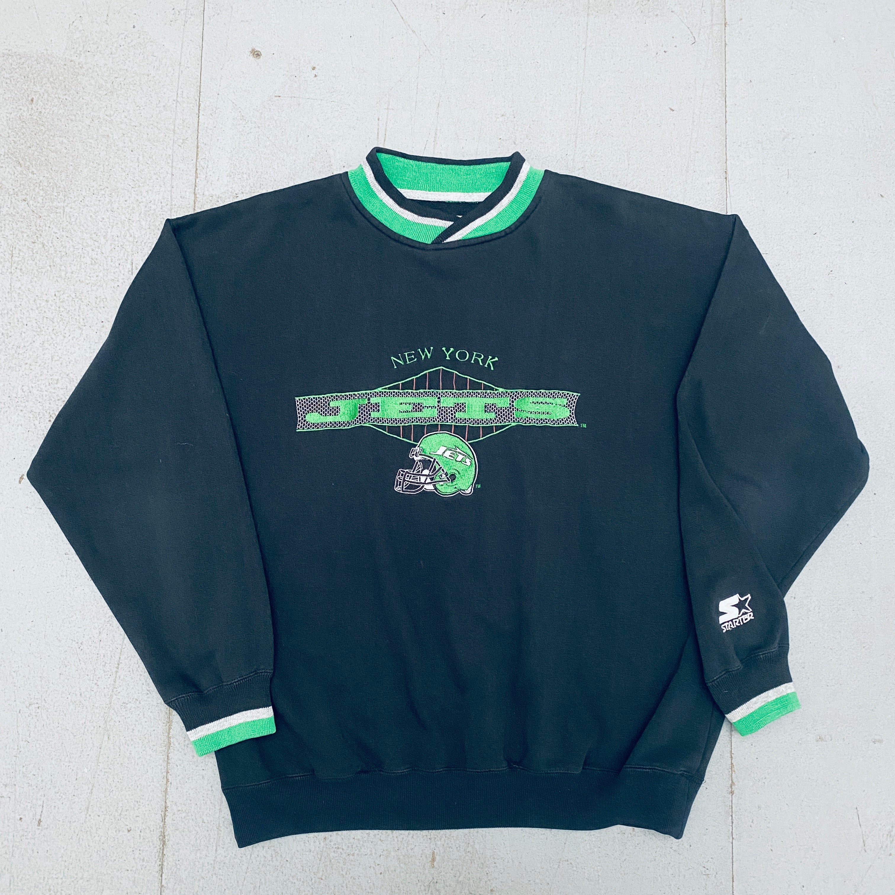 Vintage 1990s New York Jets Embroidered Spellout Starter Sweatshirt - L/XL - Retro NFL Fan Gear for Game Day & Casual Wear