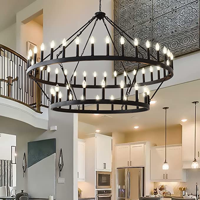 60 Inch Large Black Wagon Wheel Chandelier - 2 Tier 54-Lights Farmhouse Industrial Rustic Pendant Light Fixture for Dining Room, Kitchen, Living Room & Bedroom | Perfect for Country Style Home Decor & Cabin Lighting
