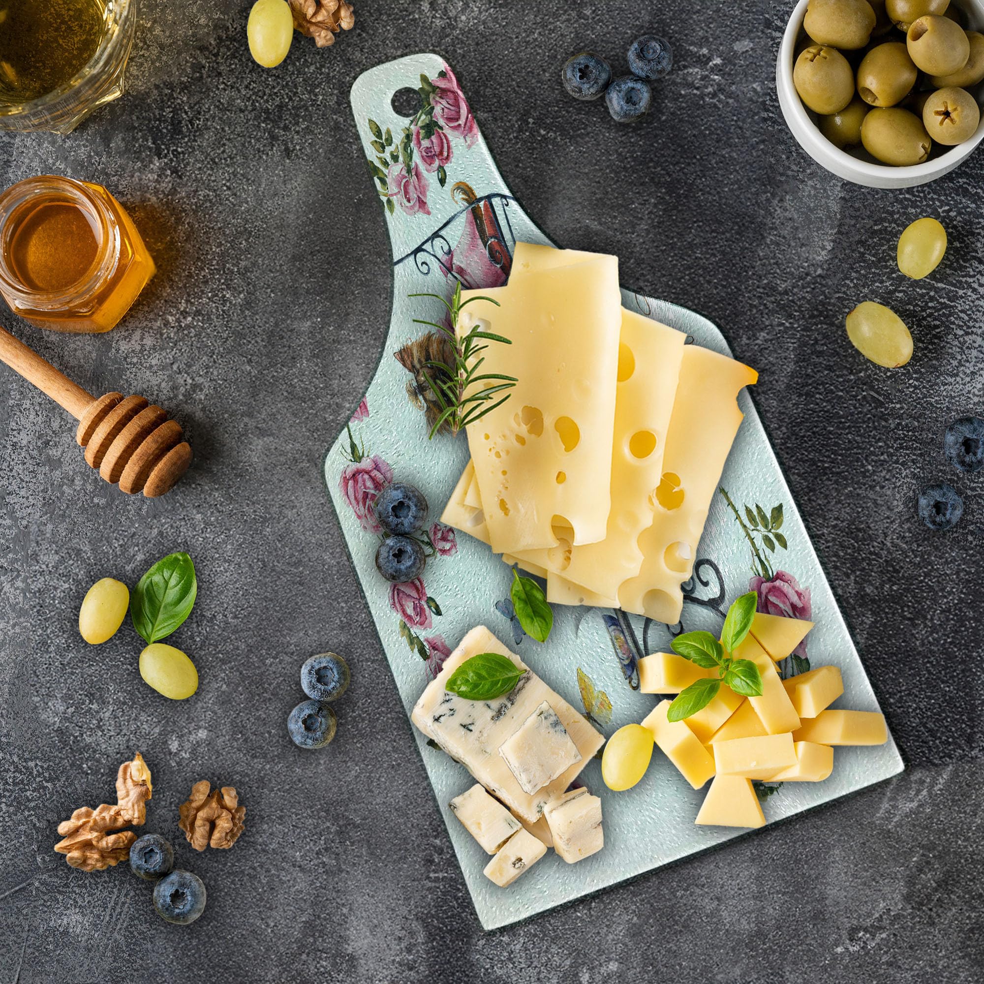 Ambesonne Yorkie Themed Cutting Board - Yorkshire Terrier in Pink Dress Tea Party Design with Butterflies & Roses - Tempered Glass Serving Board for Cheese, Charcuterie & Wine - Elegant Wine Bottle Shape in Pale Pink & White - Perfect for Kitchen Decor & Hostess Gifts