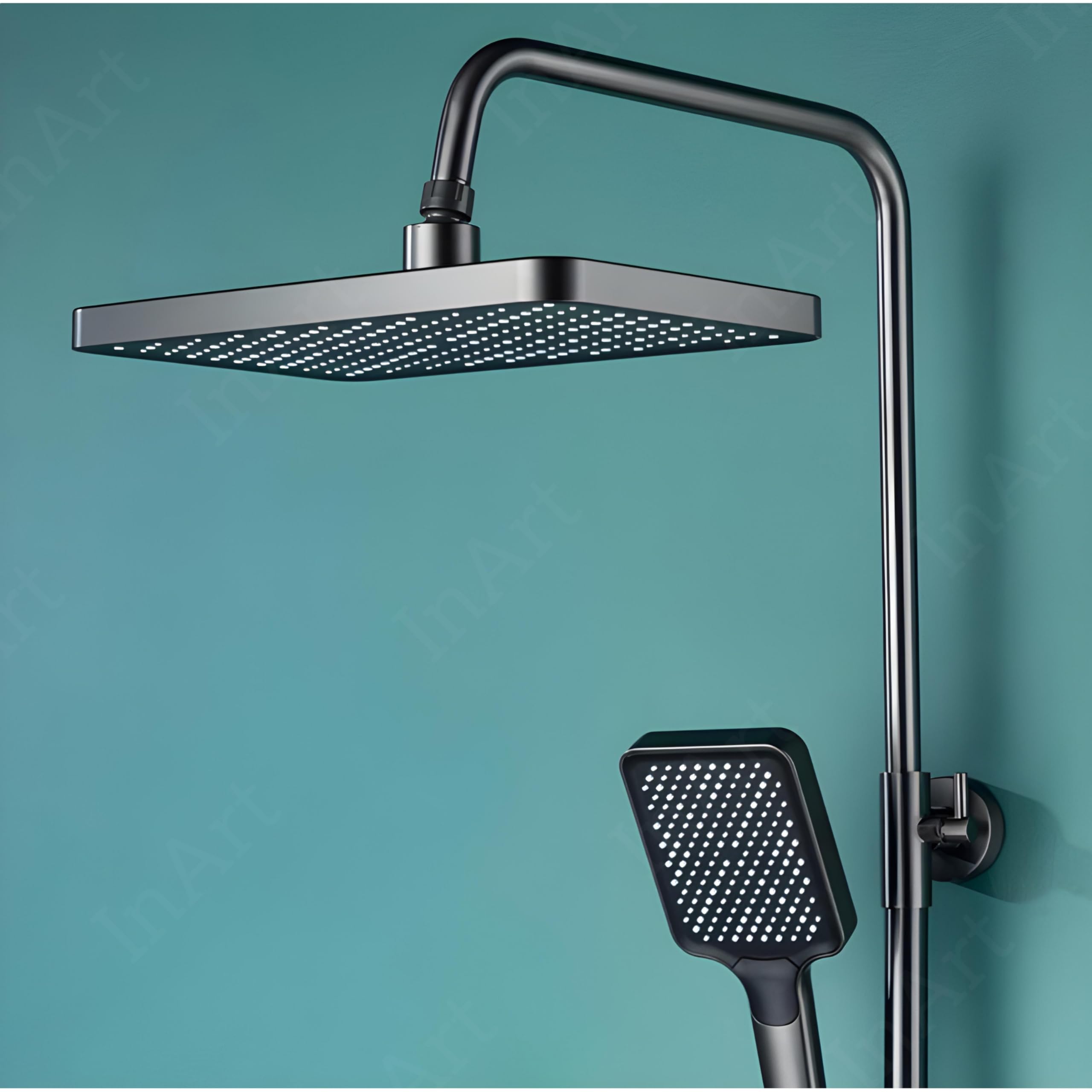 Premium InArt Solid Brass Circular Thermostatic Shower Panel Set with Digital Temperature Display - 4-Function Shower System (Hand Shower, Rainfall Shower, Spout, Health Faucet) in Matte Black - Perfect for Modern Bathrooms & Spa-Like Experience