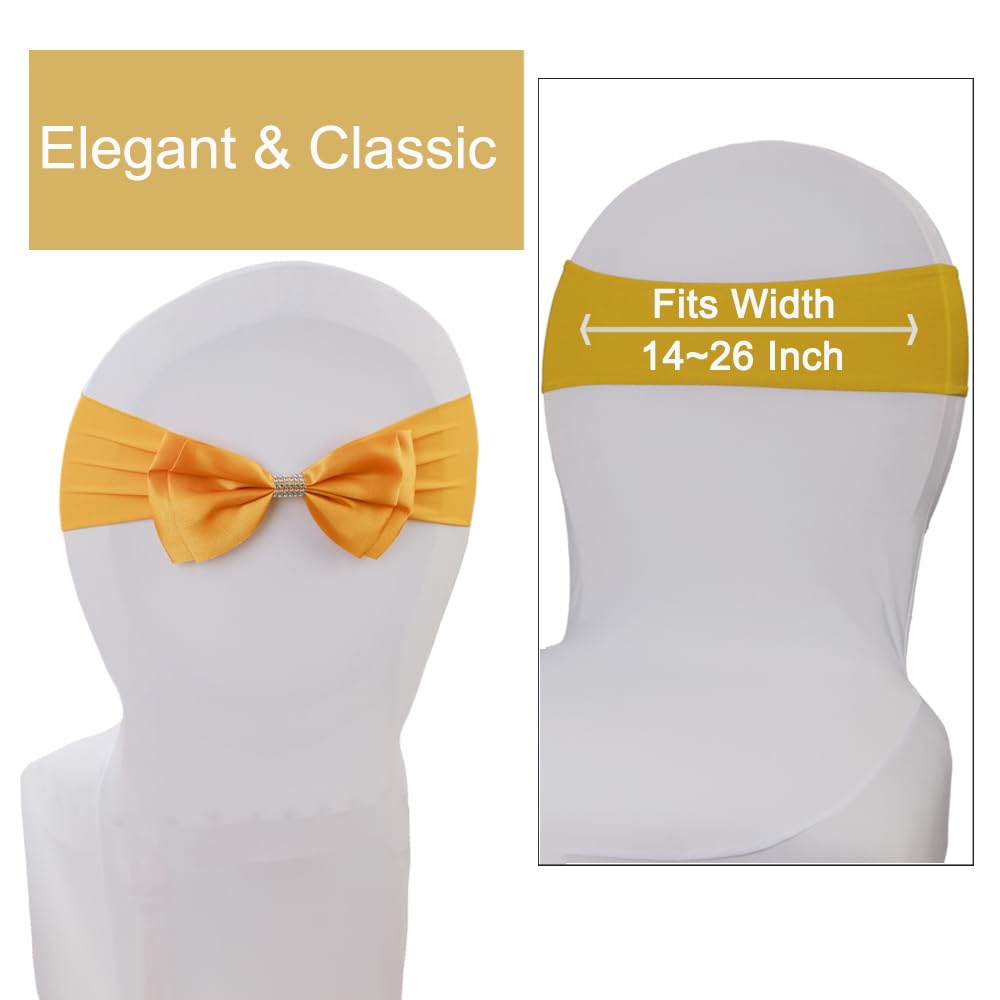 10-Piece Stretchy Chair Sash Bands with Bowknot Sliders - Elastic Spandex Chair Ribbons for Wedding, Party, Banquet, Birthday & Graduation Decorations - Gold | Perfect for Table Settings, Venue Decor, and Event Styling