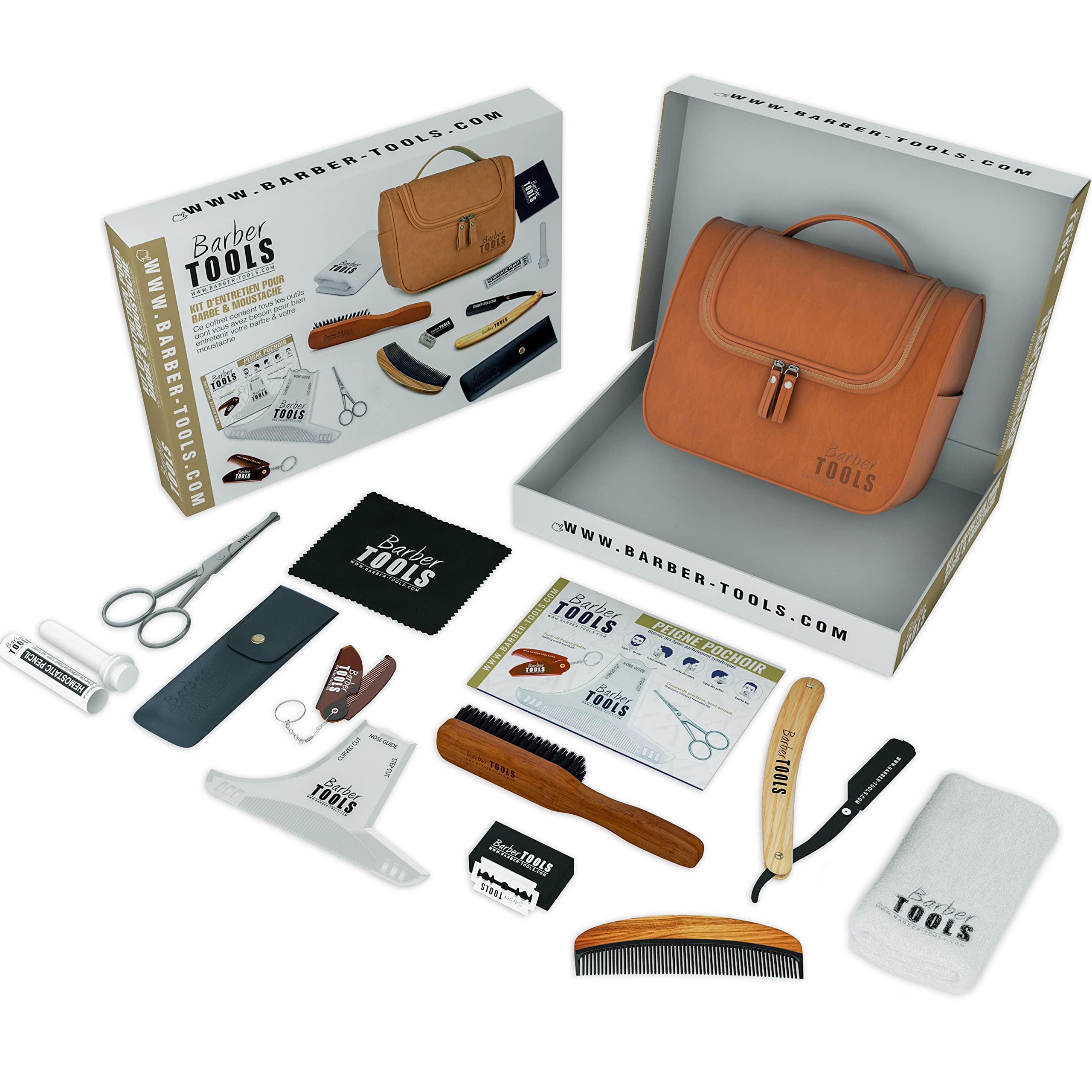 Barber Tools Kit for Beard & Mustache Care - 10 Accessories for Grooming