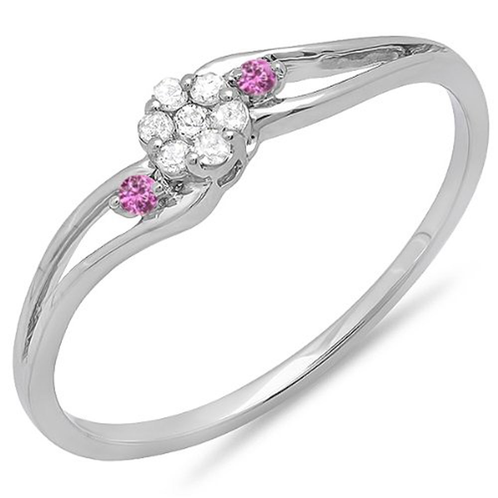 18K White Gold Round White Diamond & Pink Sapphire Women's Bridal Promise Ring - Dazzlingrock Collection, Swirl Split Shank Cluster Design for Engagement, Anniversary & Special Occasions