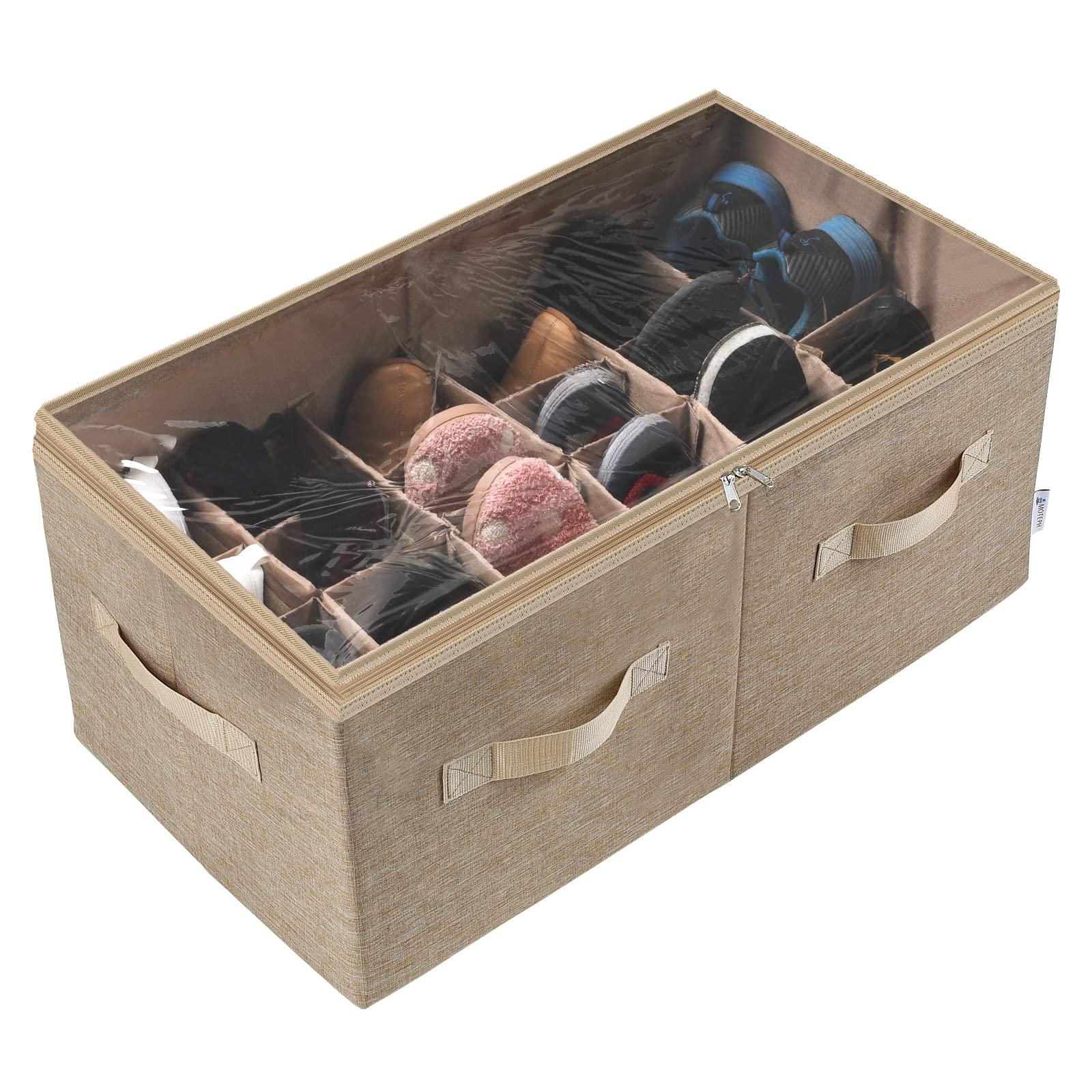 Moteph Large Shoe Organizer for Closet - 24 Pair Clear View Shoe Storage with Adjustable Dividers & Durable Cover - Perfect for Bedroom, Entryway, or Walk-in Closet Organization (Light Brown)