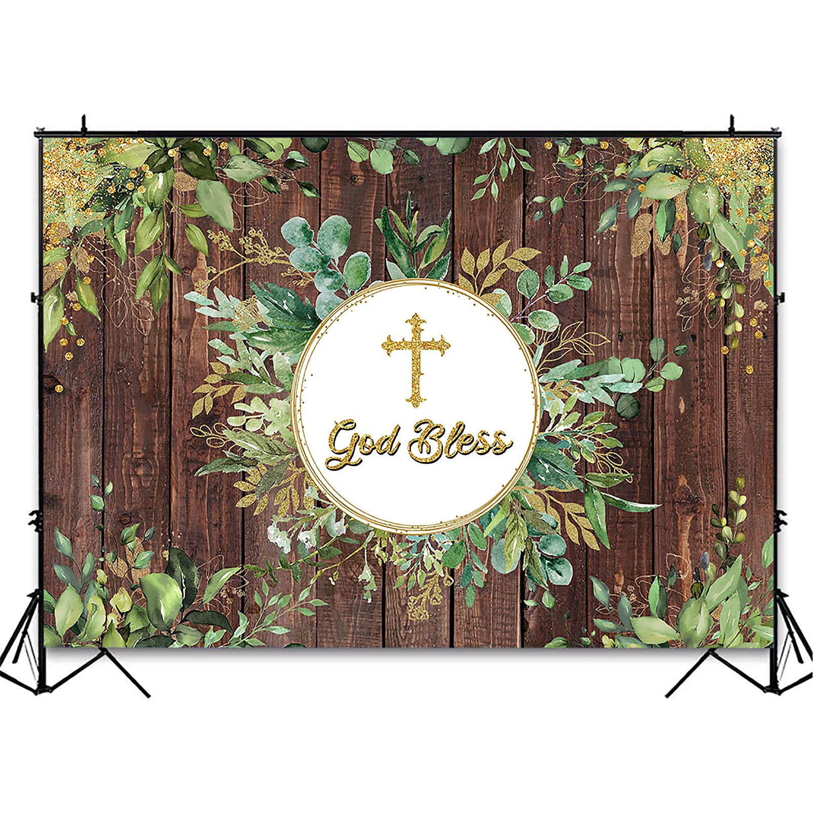 God Bless Baptism Backdrop - Rustic Wood Green & Gold Eucalyptus Botanical First Holy Communion Decor - 7x5ft Neutral Baby Shower Background for Church, Party & Photo Booth Decorations