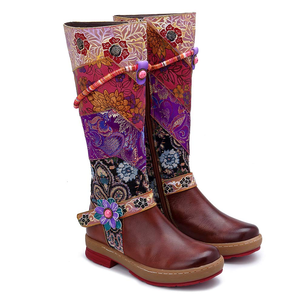 CrazycatZ Women's Leather Bohemian Knee High Boots with Block Heel - Exotic Pattern Tall Booties for Fall Fashion, Boho Outfits & Party Wear