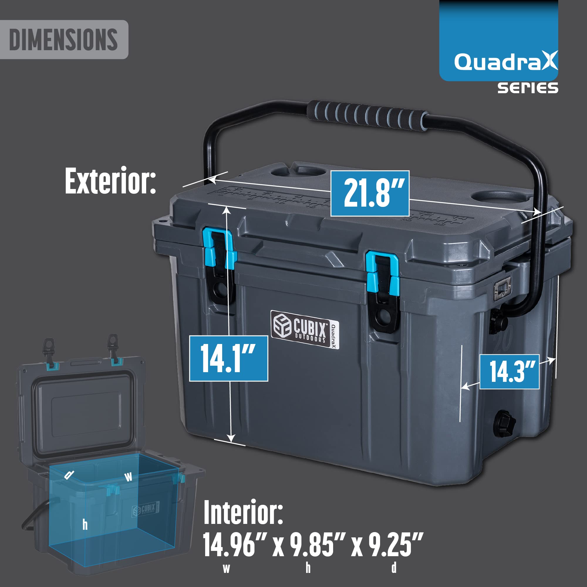 QuadraX 20QT Rotomolded Portable Hard Cooler for Camping, Fishing, Beach, Picnics & Outdoor Adventures | Heavy Duty Insulated Ice Chest with 5-Day Cold Retention | Perfect for Tailgating, Boating & Road Trips