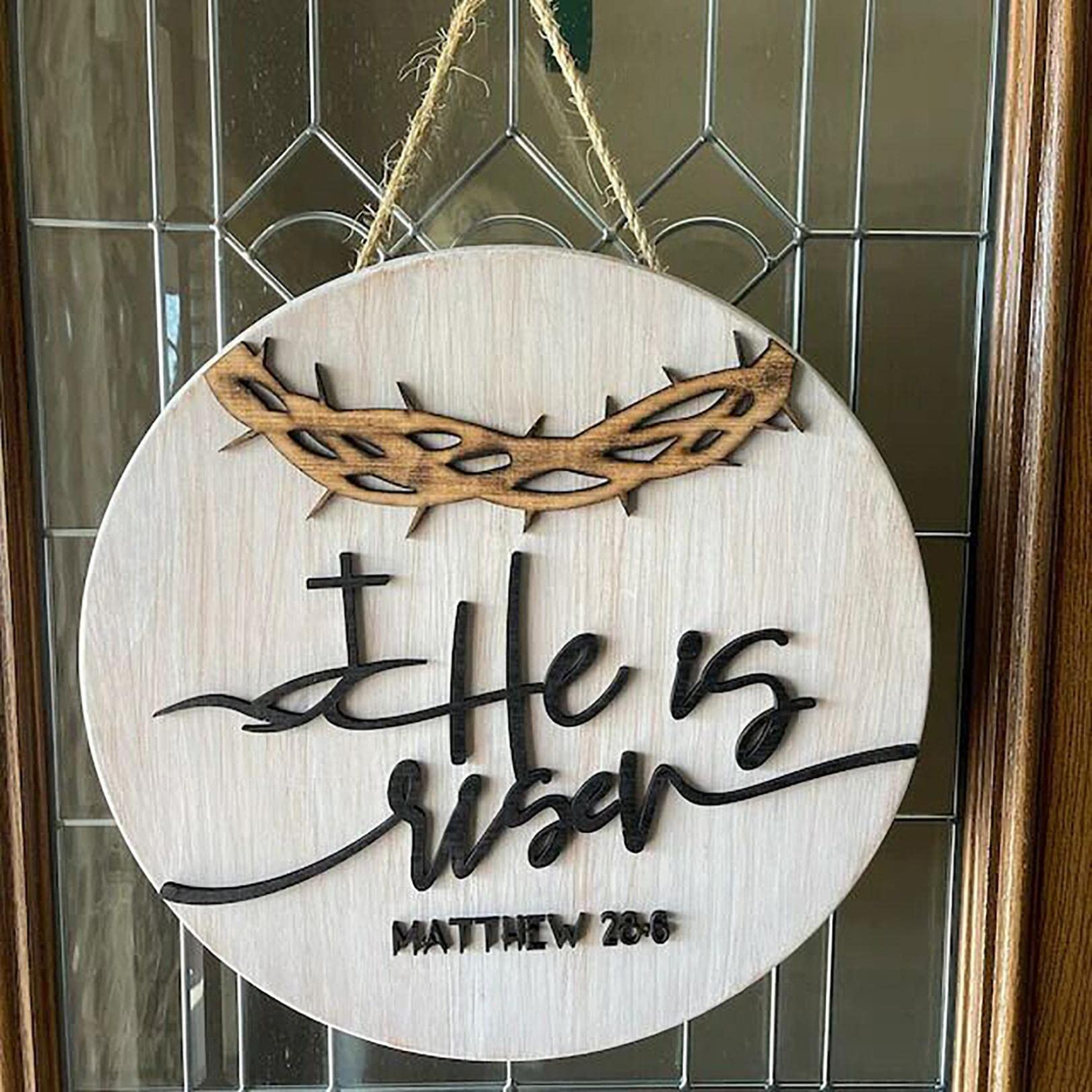 NHNX 15.74/11.8 Inch Easter Wreath for Front Door - 'He is Risen' Wooden Religious Wall Hanging Decor - Spring Home Decoration (White) - Perfect for Easter Church Decor & Front Porch Welcome Sign