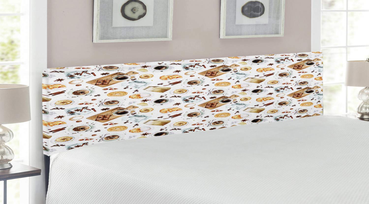 Ambesonne Modern Upholstered Headboard - King Size Metal Bed Frame with Memory Foam, Sand Brown & White Watercolor Design (Coffee, Cheese, Chocolate Art) | Perfect for Bedroom Decor & Luxury Home Styling