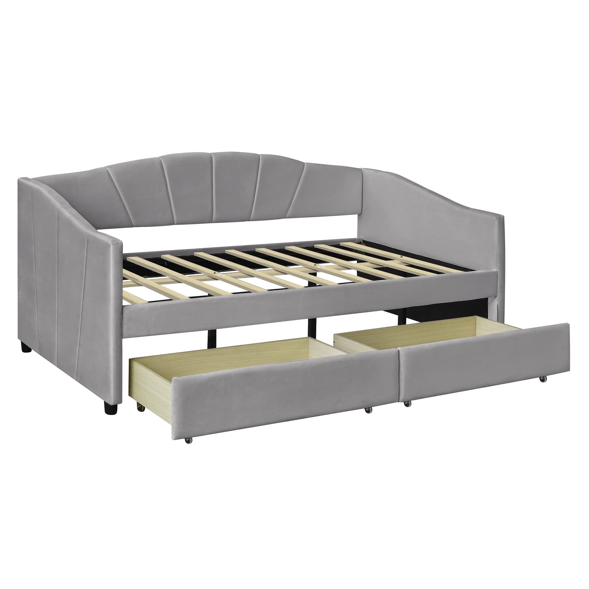 Velvet Upholstered Twin Size Daybed with 2 Storage Drawers - Wooden Sofa Bed Frame with Wood Slat Support & Safety Armrests - Gray Modern Bedroom Furniture for Guest Room, Dorm or Small Space Living