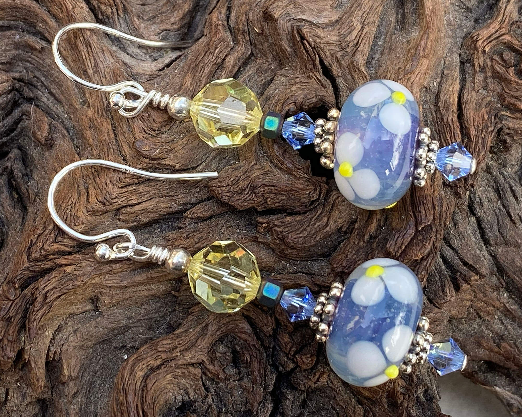 Handmade Blue Floral Crystal Lampwork Earrings for Women - Boho Chic Dangle Earrings for Party, Wedding & Everyday Wear