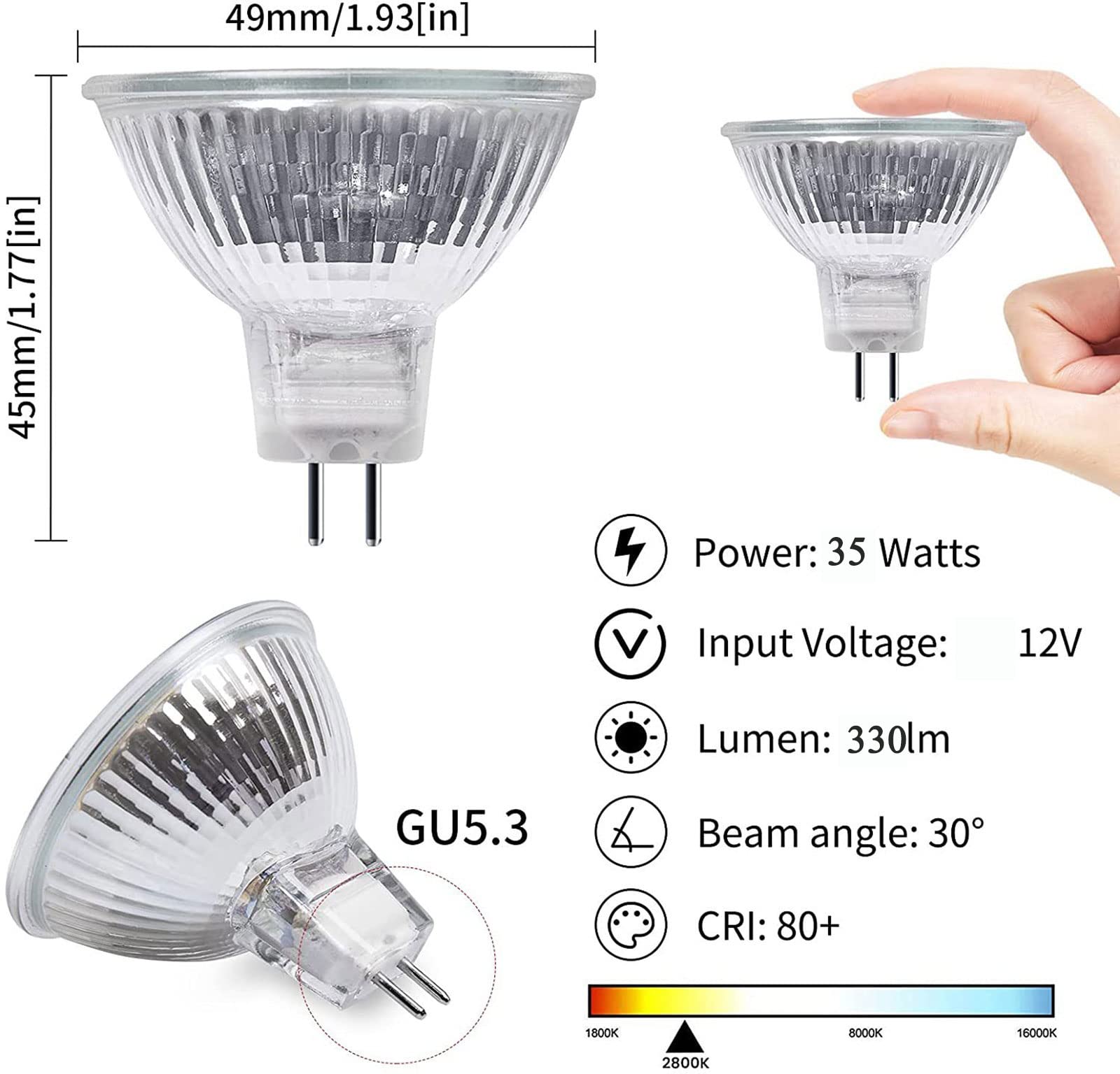 8 Pack MR16 Halogen Light Bulbs 35W 12V G5.3 Base - Warm White Halogen Lamps for Landscape Lighting, Home, School & Office Use - Dimmable Energy Saving Bulbs for Track Lights, Display Cases and Accent Lighting