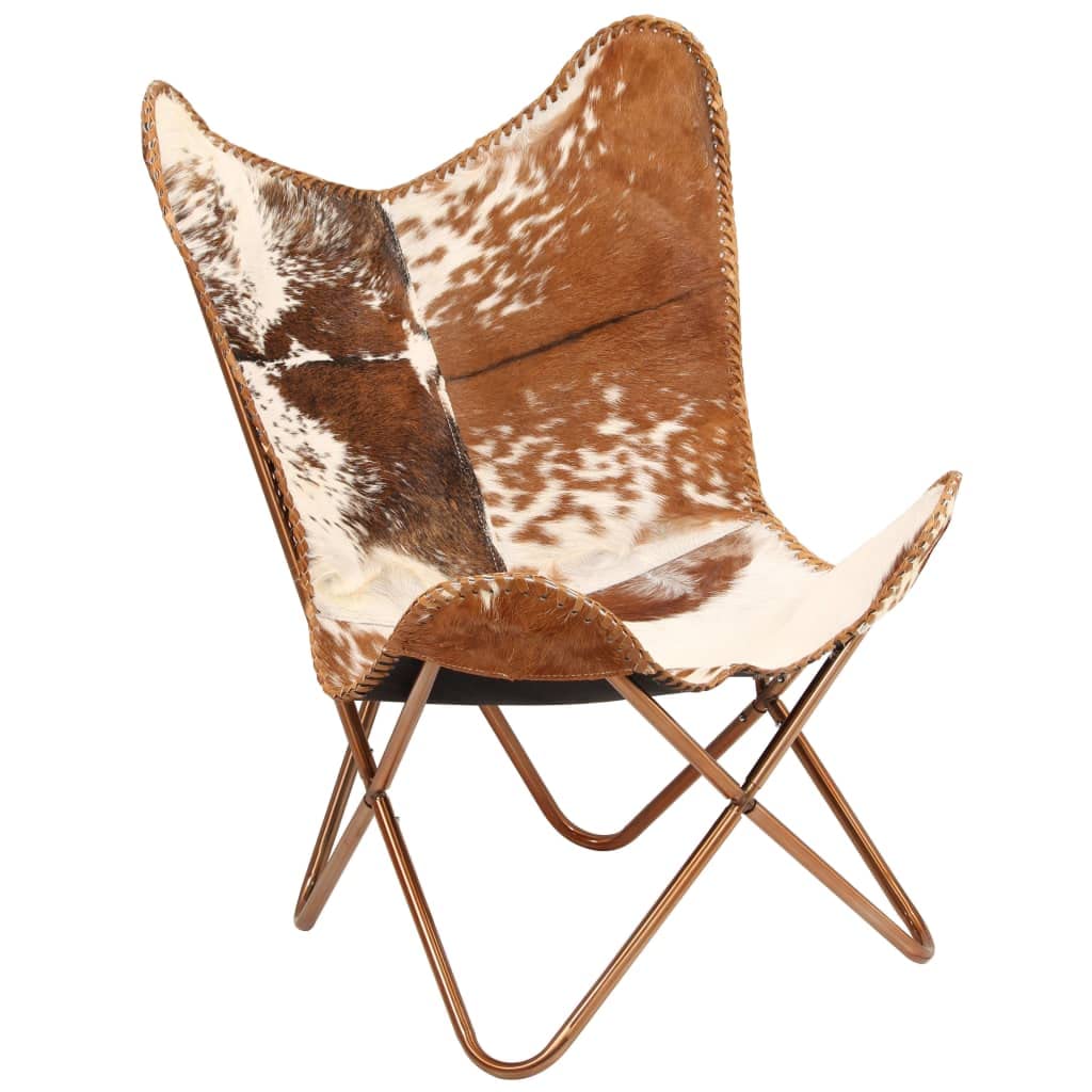 Vintage Leather Butterfly Chair - Hand Stitched Genuine Goat Leather Lounge Chair in Brown & White for Living Room, Patio or Bedroom Relaxation | Comfortable Reading & Meditation Chair