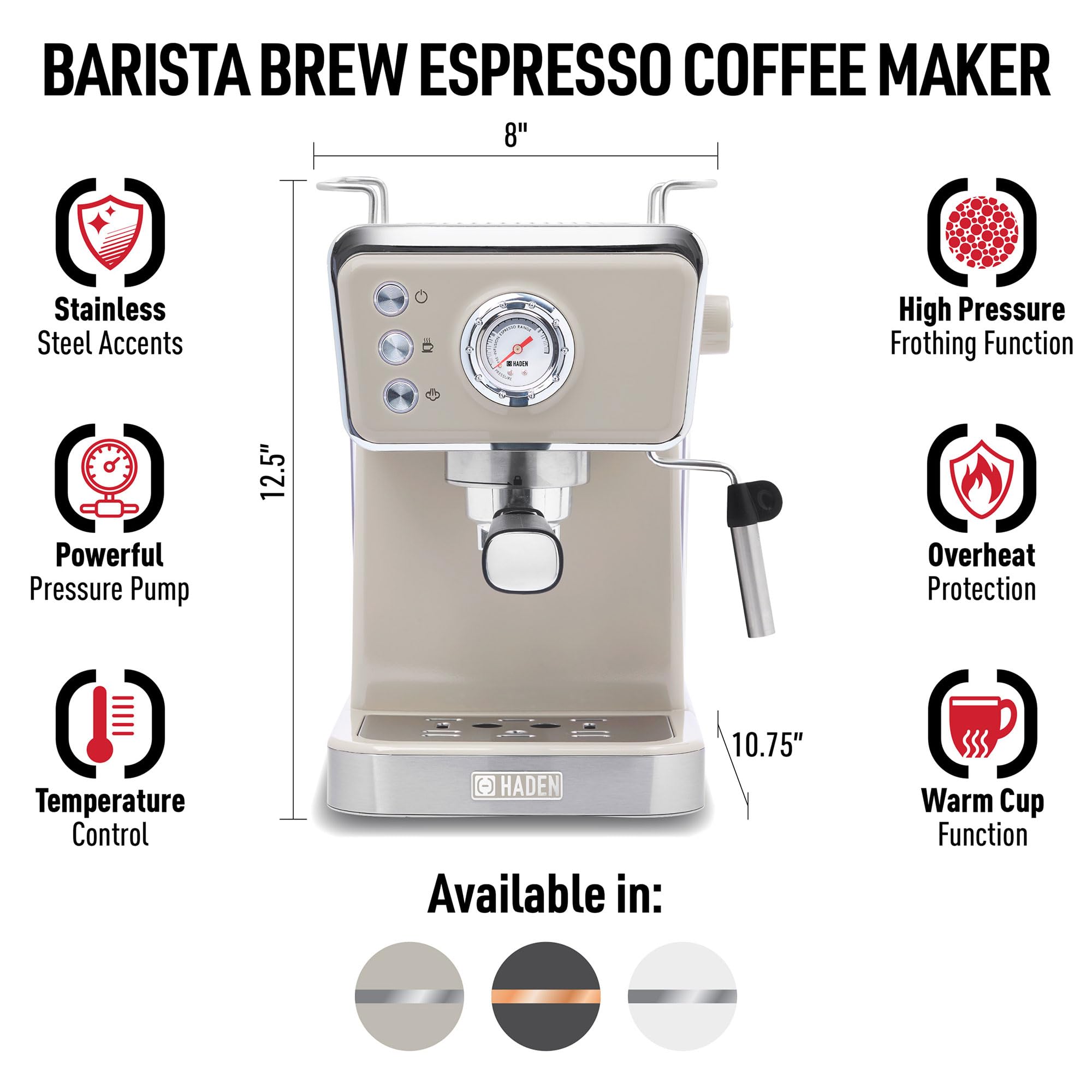 HADEN Barista Brew Espresso Coffee Machine - Stainless Steel Espresso Maker with Milk Frother, Steamer & 1.5L Water Tank (Putty & Copper) - Perfect for Home Baristas, Coffee Shops & Office Break Rooms