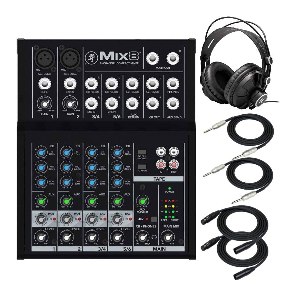 Mackie Mix8 8-Channel Compact Audio Mixer Bundle with Knox Gear TX-100 Studio Headphones, TRS & XLR Cables - Perfect for Home Recording, Podcasting & Live Performances