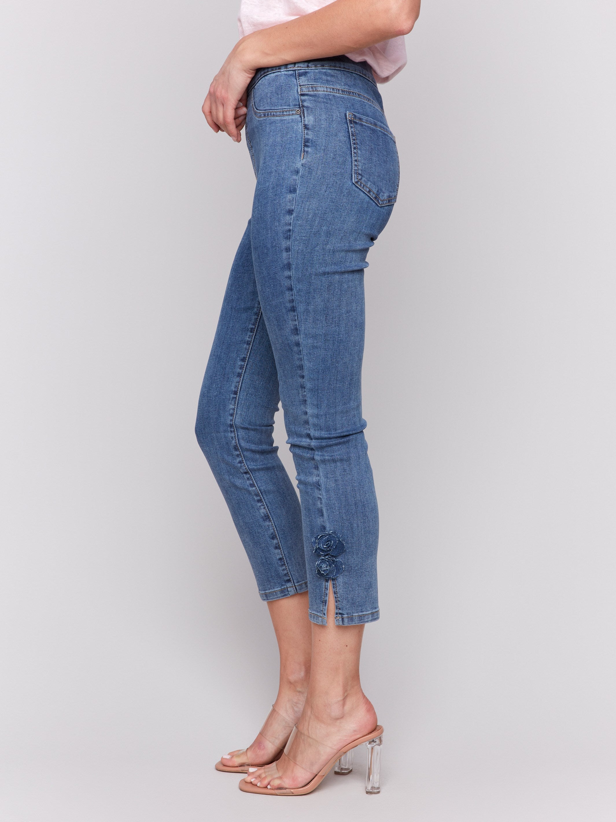 Slim Fit Cropped Jeans for Women - Medium Blue Distressed Denim with Floral Side Embroidery | Casual Wear, Street Style, Spring Outfits