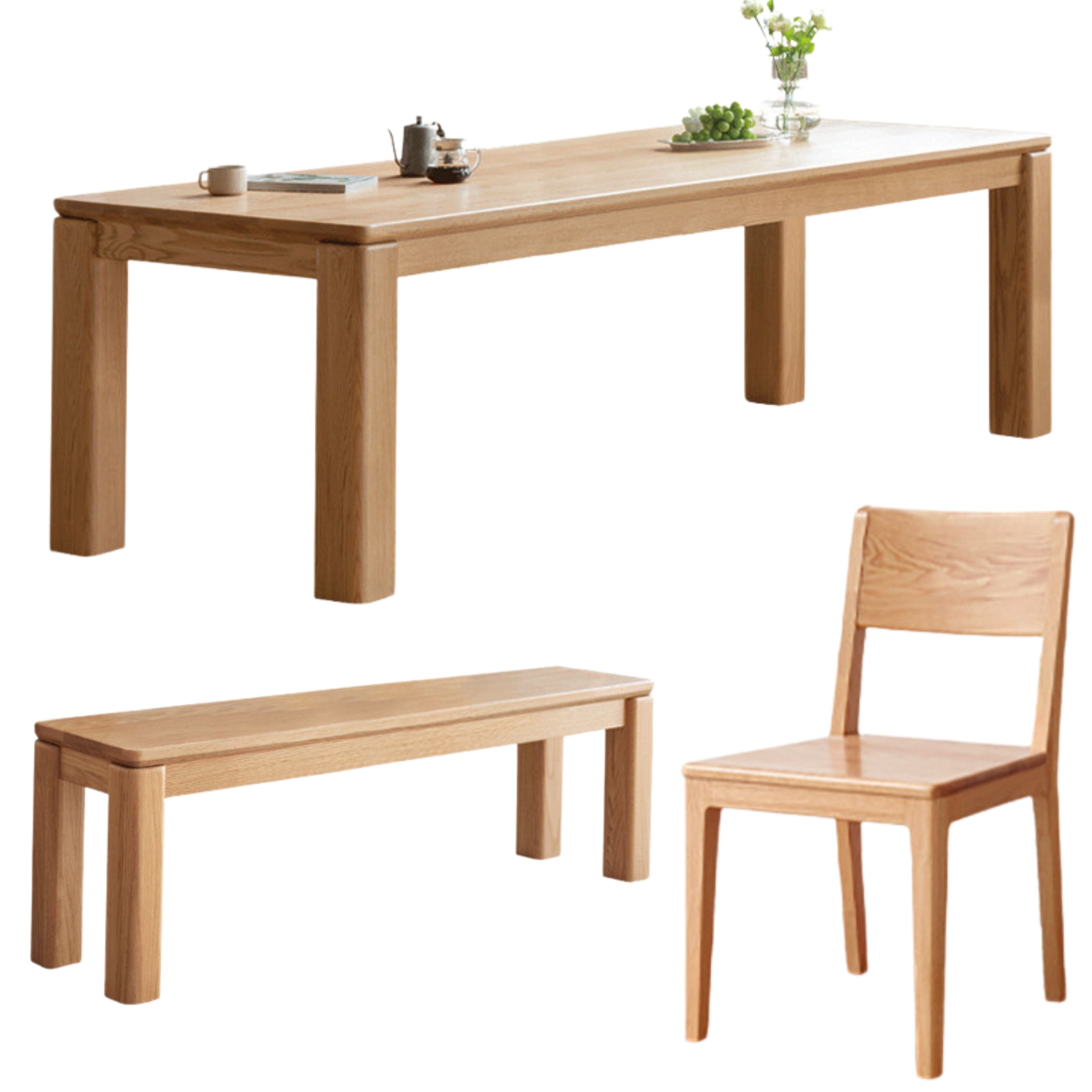 Solid Oak Wood Dining Table with Thick Legs - Rustic Farmhouse Style for Kitchen, Dining Room & Home Decor