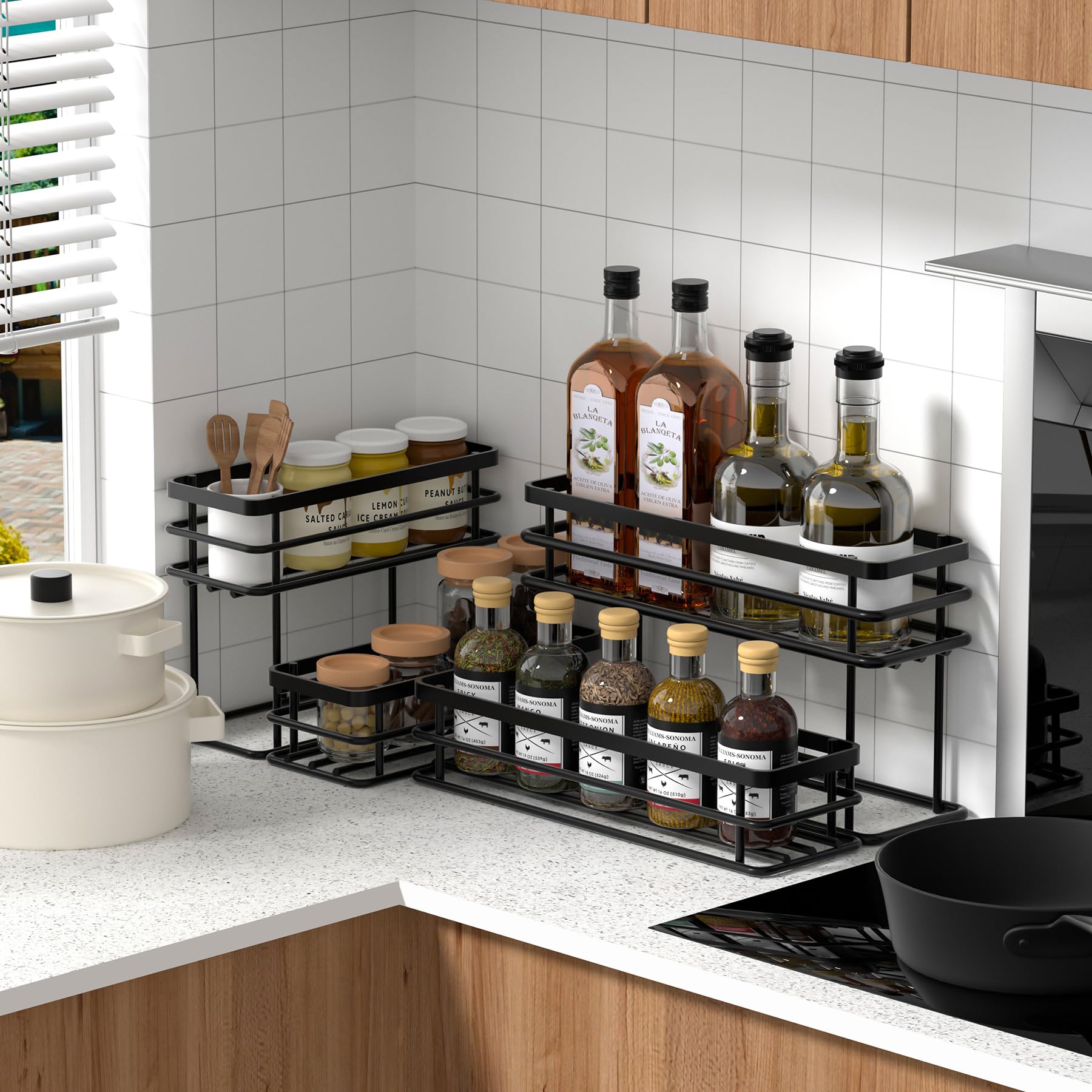2-Tier Coffee Syrup Organizer Rack - Spice & Seasoning Storage for Kitchen Cabinet, Countertop, Pantry - Compact Wine Rack for Home - Perfect for Coffee Bars, Breakfast Nooks & Small Kitchen Organization (Black)