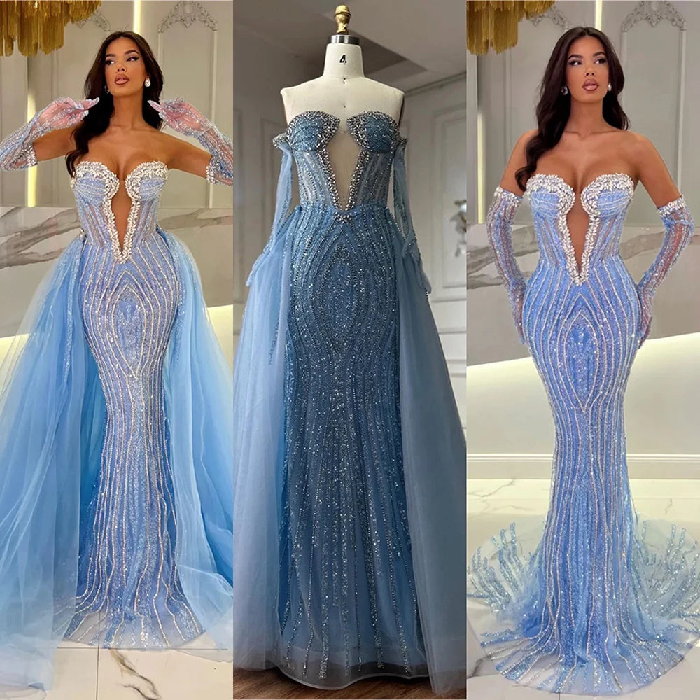 Luxury Dubai Arabia Blue Mermaid Evening Dress with Gloves & Overskirt - Formal Gown for Prom, Wedding, Red Carpet Events | Elegant Women's Party Dress LA72582