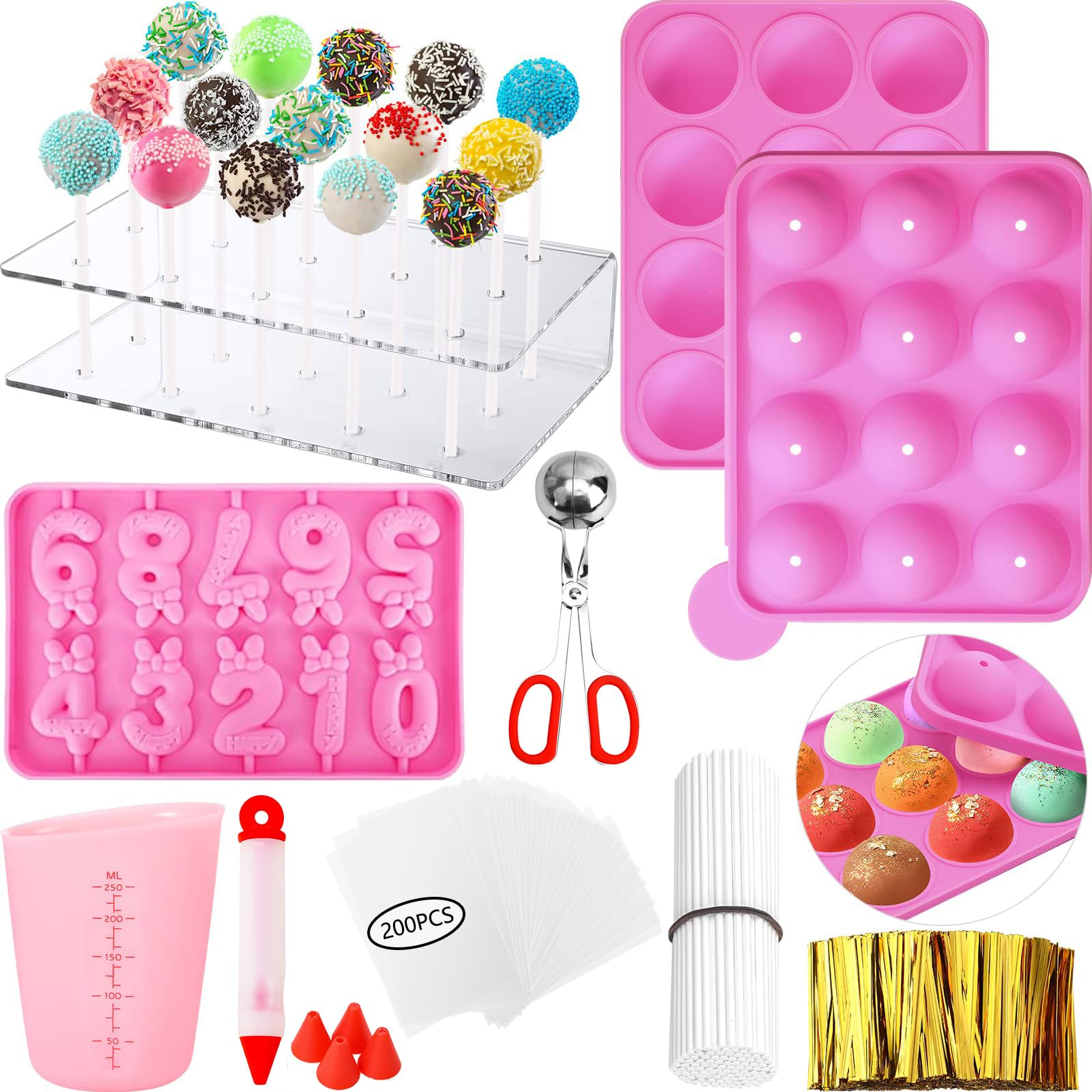 **610PCS Cake Pop Molds Kit - Lollipop Maker Set with Stand, Sticks, Wrappers, Decorating Pen, 4 Piping Tips & Measuring Cup (Pink) - Perfect for Birthday Parties, Baby Showers & DIY Dessert Decorating**