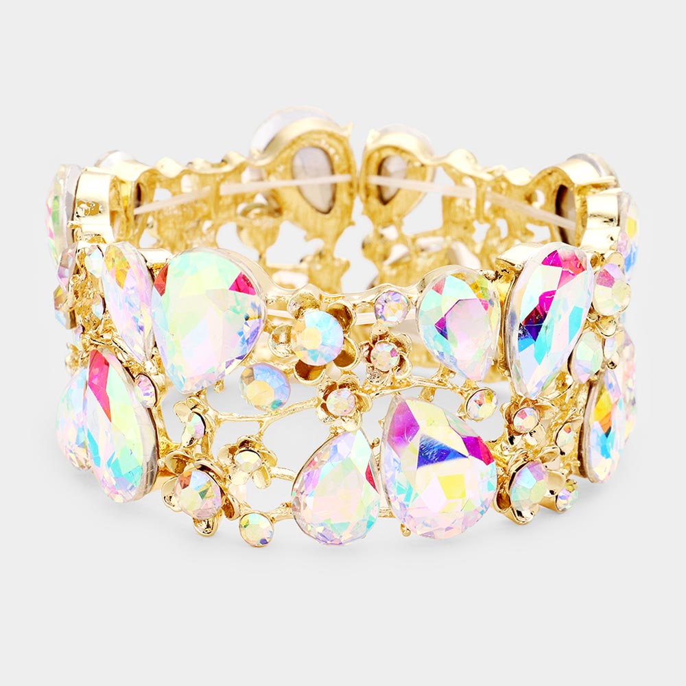 AB Crystal Teardrop Floral Stretch Bracelet - Gold Plated Adjustable Beaded Bracelet for Women | Elegant Jewelry Gift for Birthday, Anniversary & Special Occasions