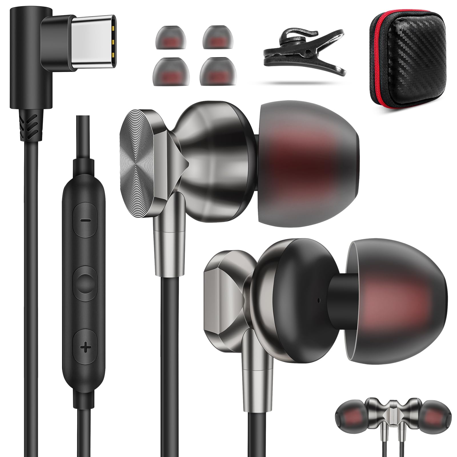 USB C Wired Earbuds with Microphone - Right Angle Magnetic In-Ear Headphones for iPad 10th/11th Gen, iPhone 16/16E, Samsung S25 Ultra/S24 FE/A26 - Noise Canceling Type C Earphones for Work, Travel & Gaming