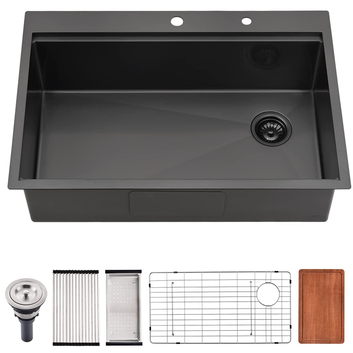 33 Inch Black Drop-In Kitchen Sink - Jshozzy 33x22 Stainless Steel Single Bowl Topmount Sink with Offset Drain | 16 Gauge Deep Workstation Sink for Modern Kitchens | Perfect for Meal Prep, Dishwashing & Large Cookware