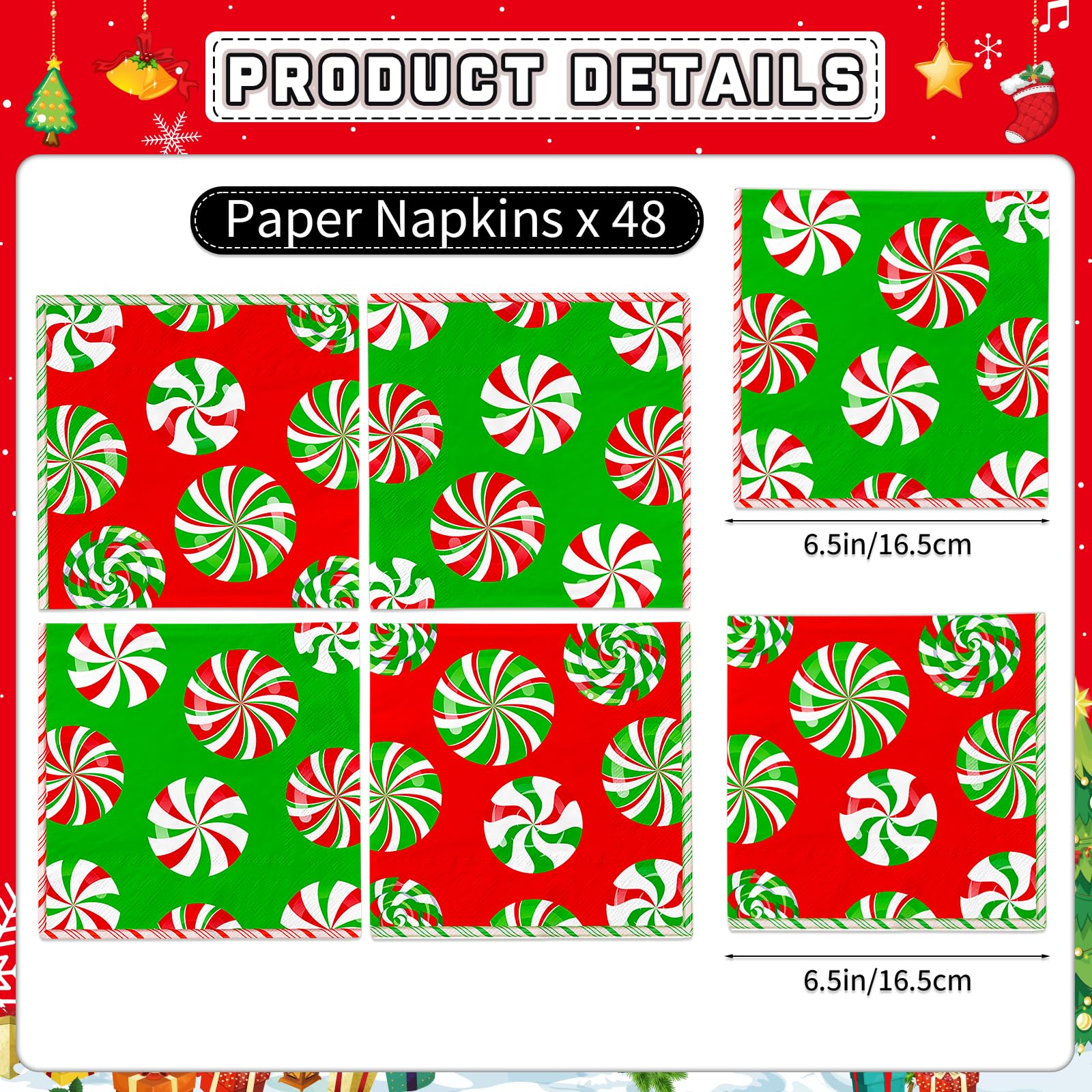 48Pcs Christmas Candy Cane Party Decorations Set - Holiday Napkins & Tableware for Christmas Party Supplies, Candy Cane Themed Party Decor - Perfect for Christmas Celebrations, Office Parties & Family Gatherings