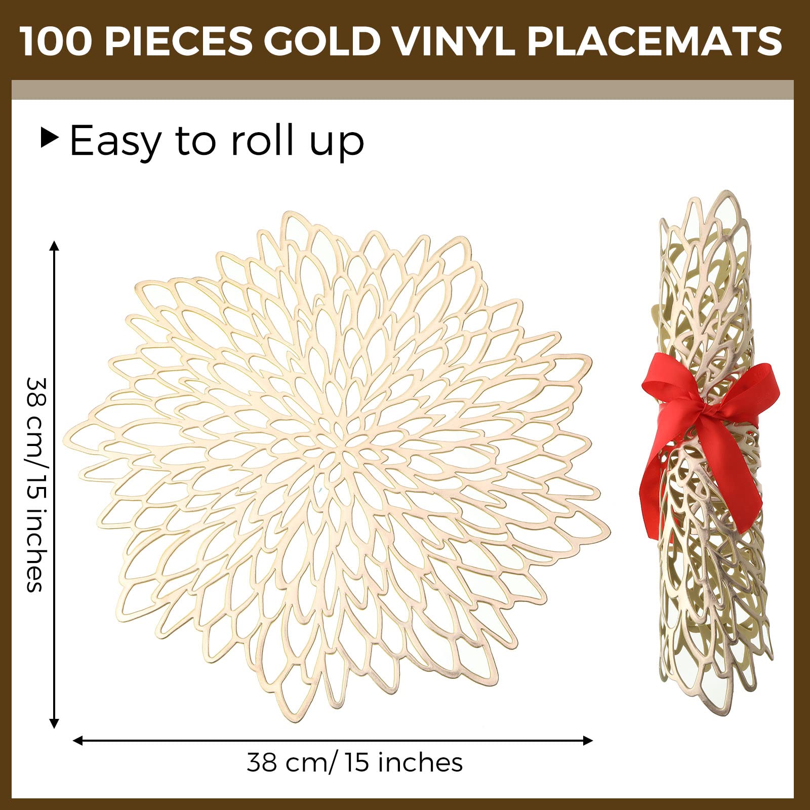 100-Piece Gold Round Pressed Vinyl Placemats Set - Metallic Hollow-Out Leaf & Flower Design - Elegant Table Mats for Wedding, Holiday Party, Reception - Durable & Decorative for Home, Kitchen, Dining Table (Perfect for Christmas, Thanksgiving & Special Occasions)