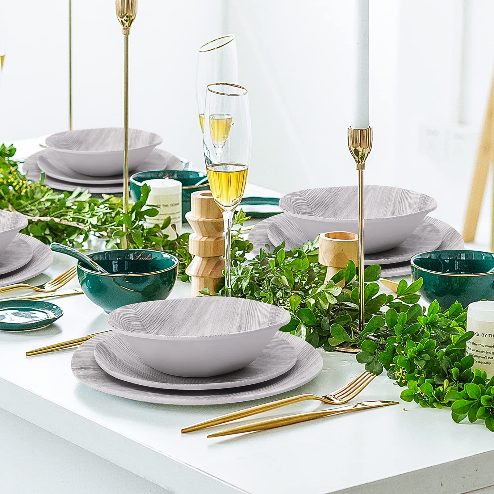 Melamine Dinnerware Set - 12-Piece Wood Grain Plates & Bowls for Indoor/Outdoor Use | Durable, Dishwasher Safe Camping Dishes for Summer & Fall | Perfect for Picnics, BBQs, and Outdoor Dining (Gray)
