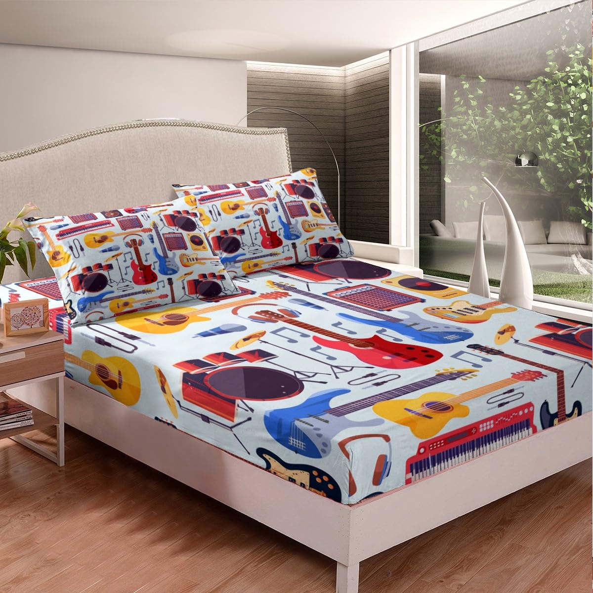 Manfei Full Size Kids Fitted Sheet - Musical Guitar Radio Drum Kit Headset Print 3-Piece Bedding Set for Boys & Girls | Soft Polyester Rock Music Bed Cover with 2 Pillowcases | Perfect for Music Lovers' Bedrooms, Kids' Rooms & Rock-Themed Decor