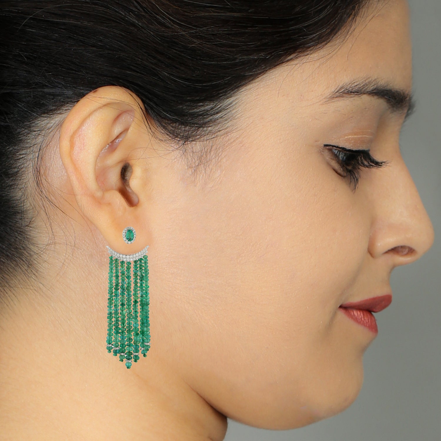 18K White Gold Emerald Beads Chandelier Earrings with Pave Diamonds - Elegant Dangle Jewelry for Weddings, Parties & Evening Events